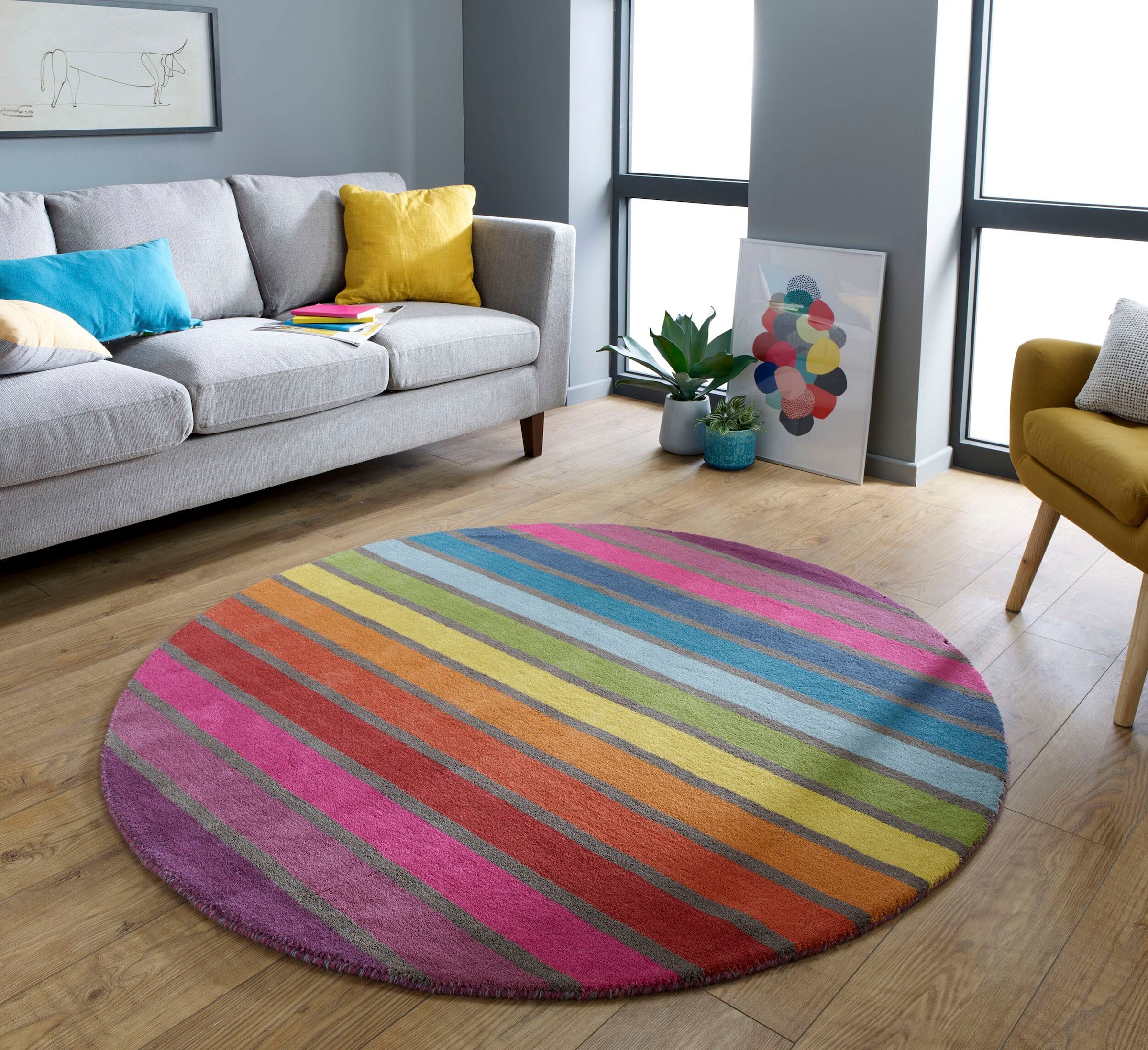 FLAIR RUGS Wollteppich »Candy«, rund, 10 mm Höhe, aus 100% Wolle, Design mit Streifen, mehrfarbig gemustert, bunt