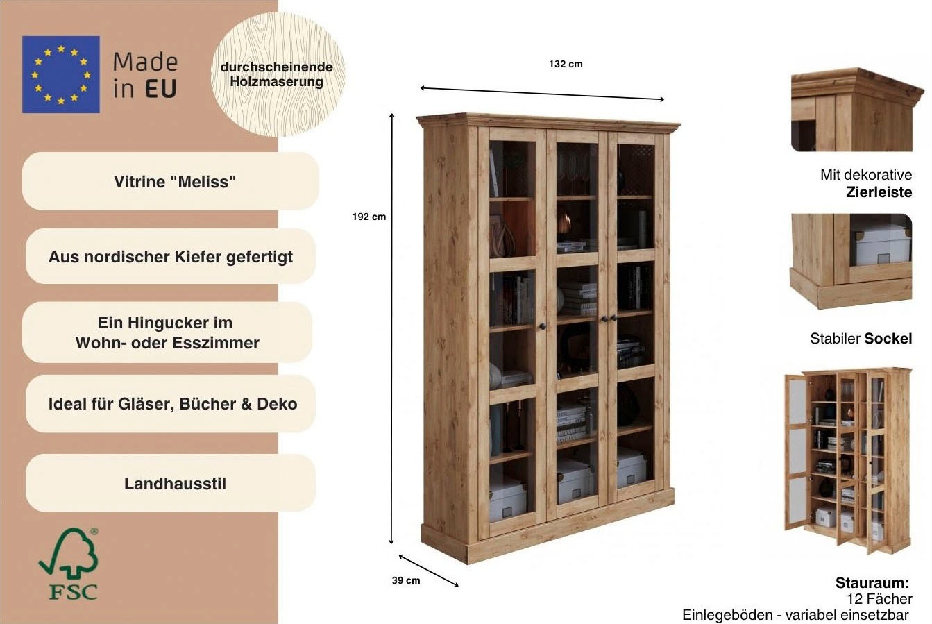 Thumbnail - OTTO home Vitrine "Meliss" aus massiver Kiefer, mit viel Stauraum