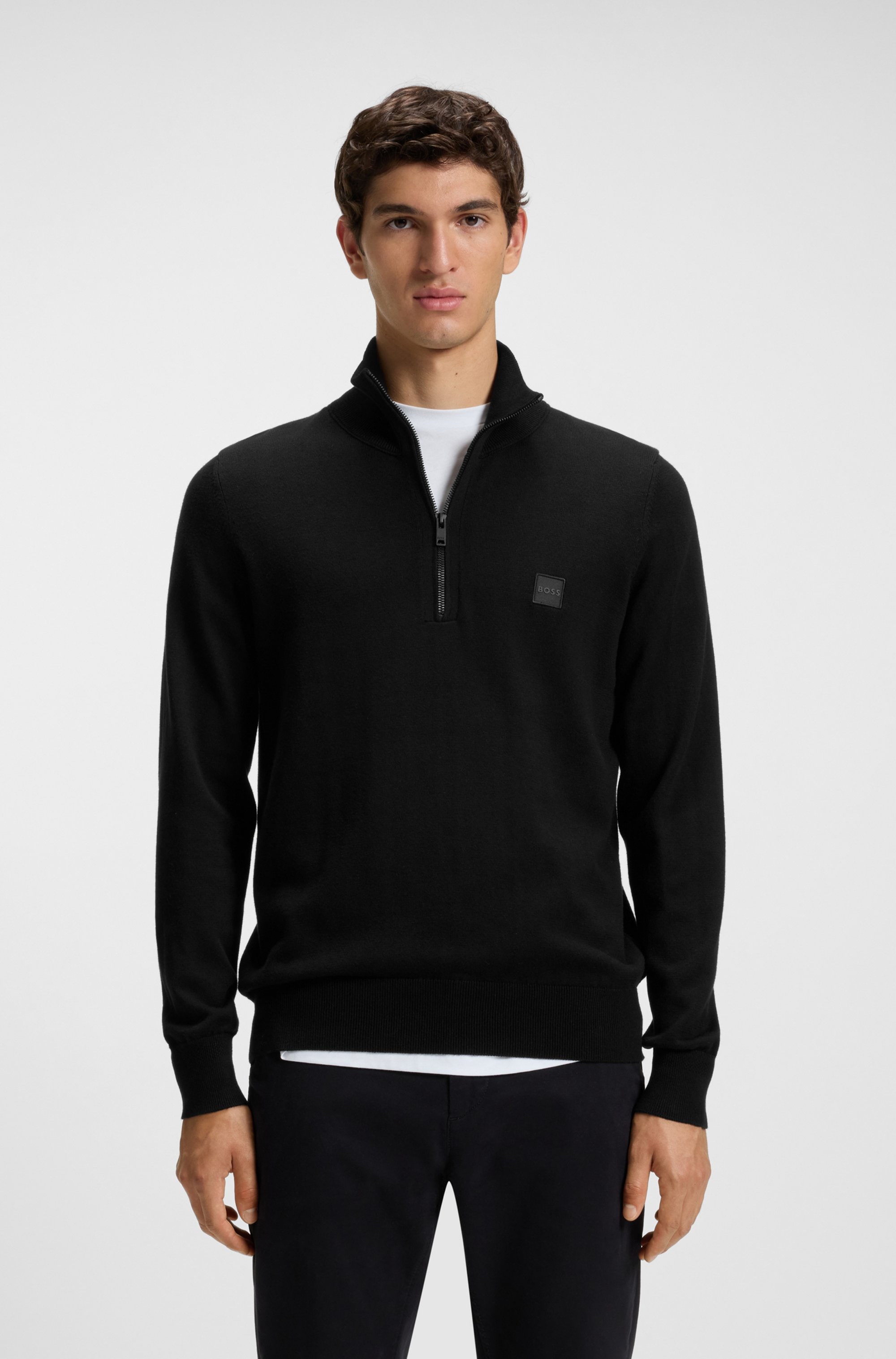 BOSS ORANGE Rollkragenpullover "Kanobix Half Zip Cotton Cashmere" Regular fit, Stehkragen mit Reißverschluss, Ton-in-Ton Logo