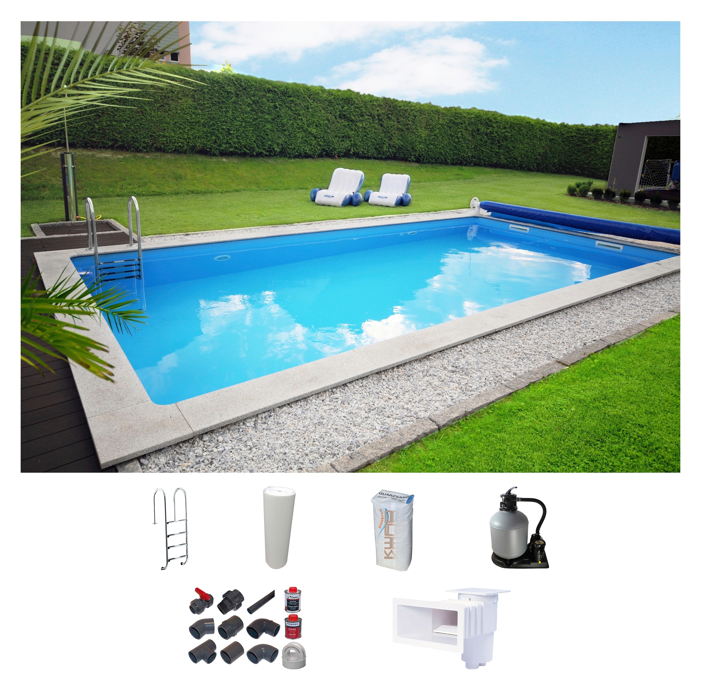 KWAD Rechteckpool "mit Edelstahlleiter", (Set), 8x4, 7x3,5 oder 6x3m Höhe: 1,50m, mit Foliensack 0,6mm