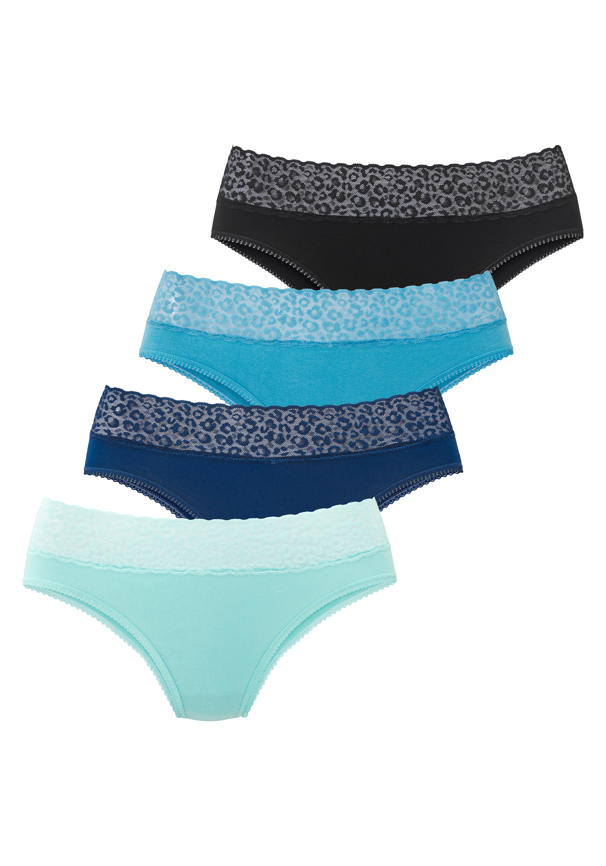 LASCANA Jazz-Pants Slips 4er Pack, aus elastischer Baumwolle mit Leo-Spitze am Bund