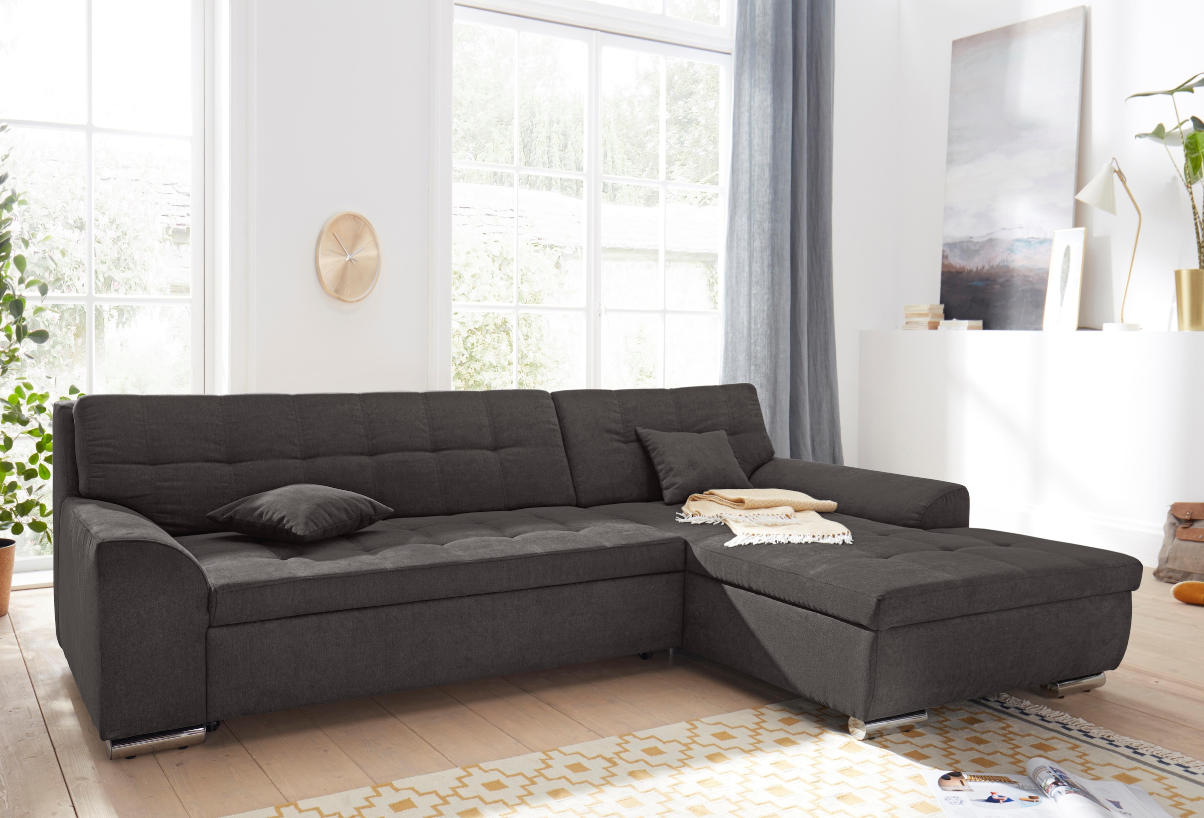 DOMO collection Ecksofa "Aversa, moderne Steppung, geschwungene Armlehnen, Breite 267cm" L-Form, wahlweise mit Bettfunktion
