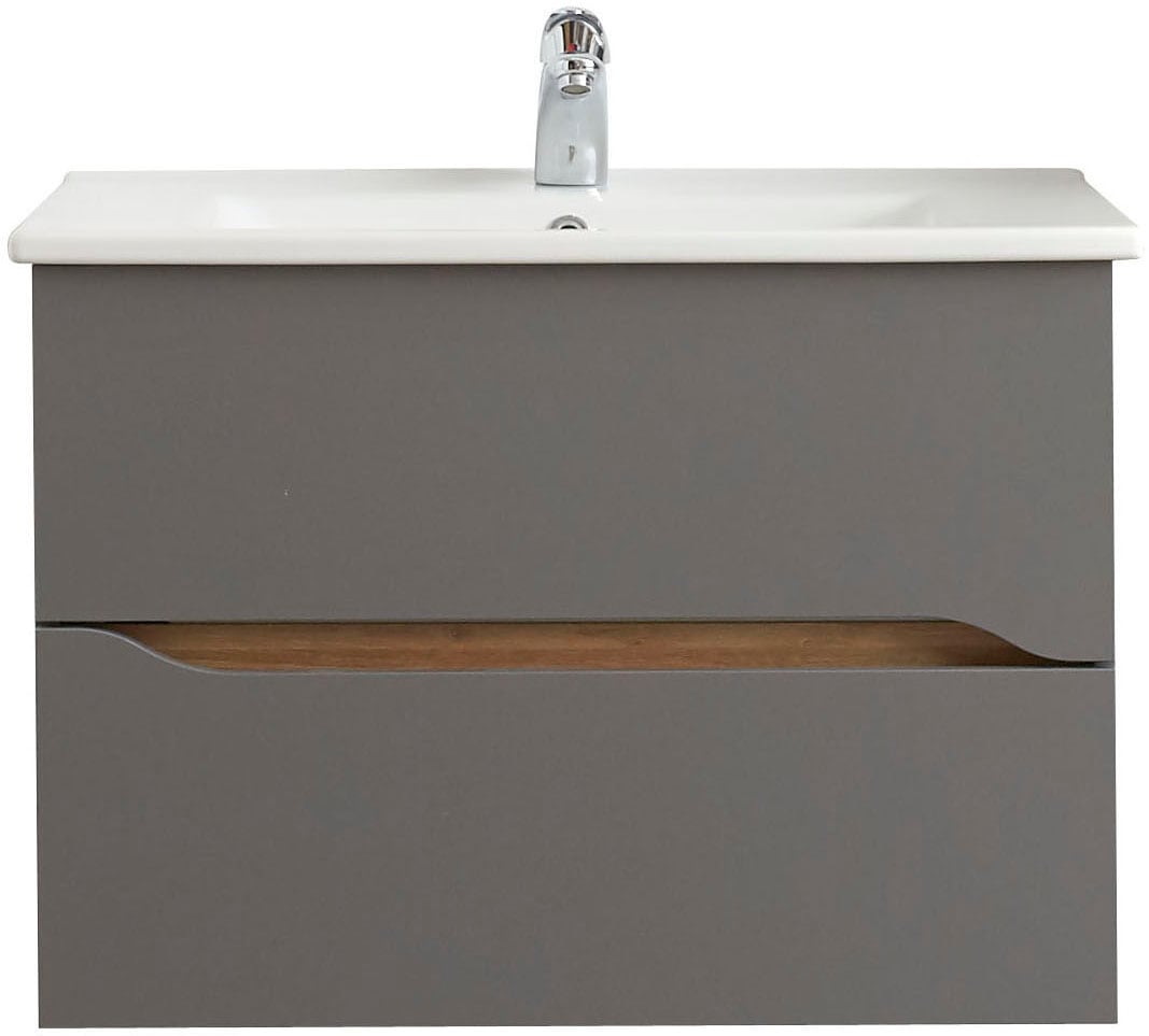 Saphir Badmöbel-Set »Quickset 5-teilig, Keramik-Waschtisch und LED-Spiegelschrank«, (7 St.), Midischrank, Unterschrank, Hängeschrank, inkl. Türdämpfer, 7 Türen