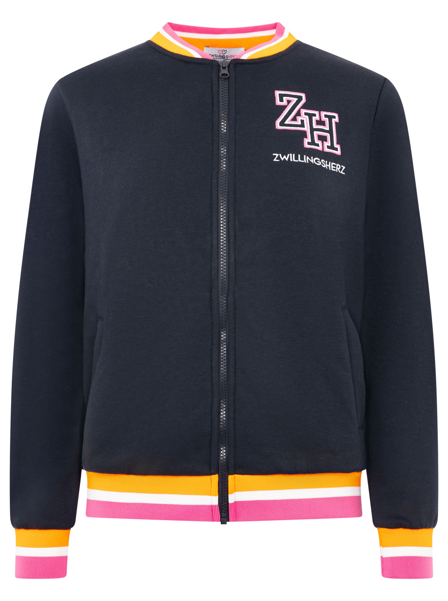 Zwillingsherz Sweatjacke ""Zwillingsherz"" durchgehender Zipper, Logo auf der Schulter, gestreifte Bündchen
