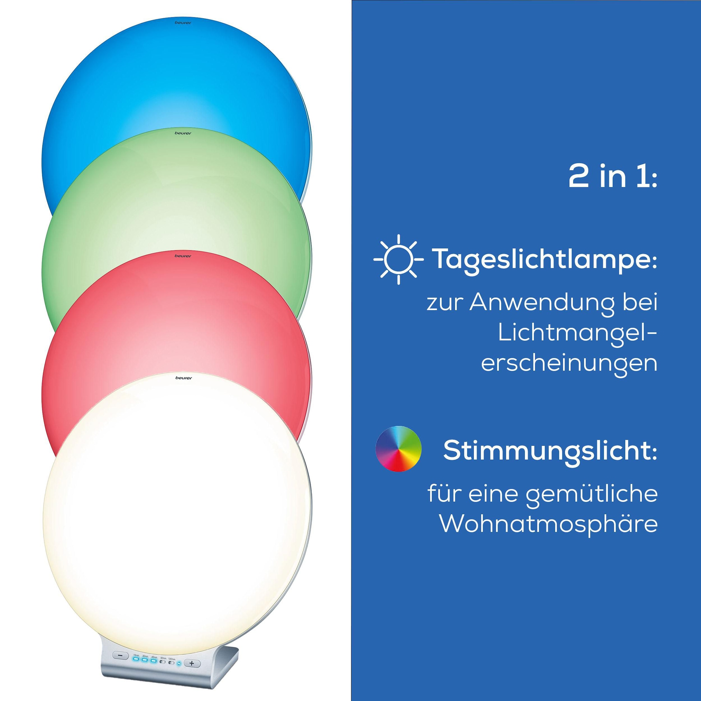 BEURER Tageslichtlampe »TL 100 mit 10.000 Lux Lichtstärke bei 10 cm Abstand«, Stimmungslicht mit Farbwechselfunktion, Timer, Dimmer, Medizinprodukt