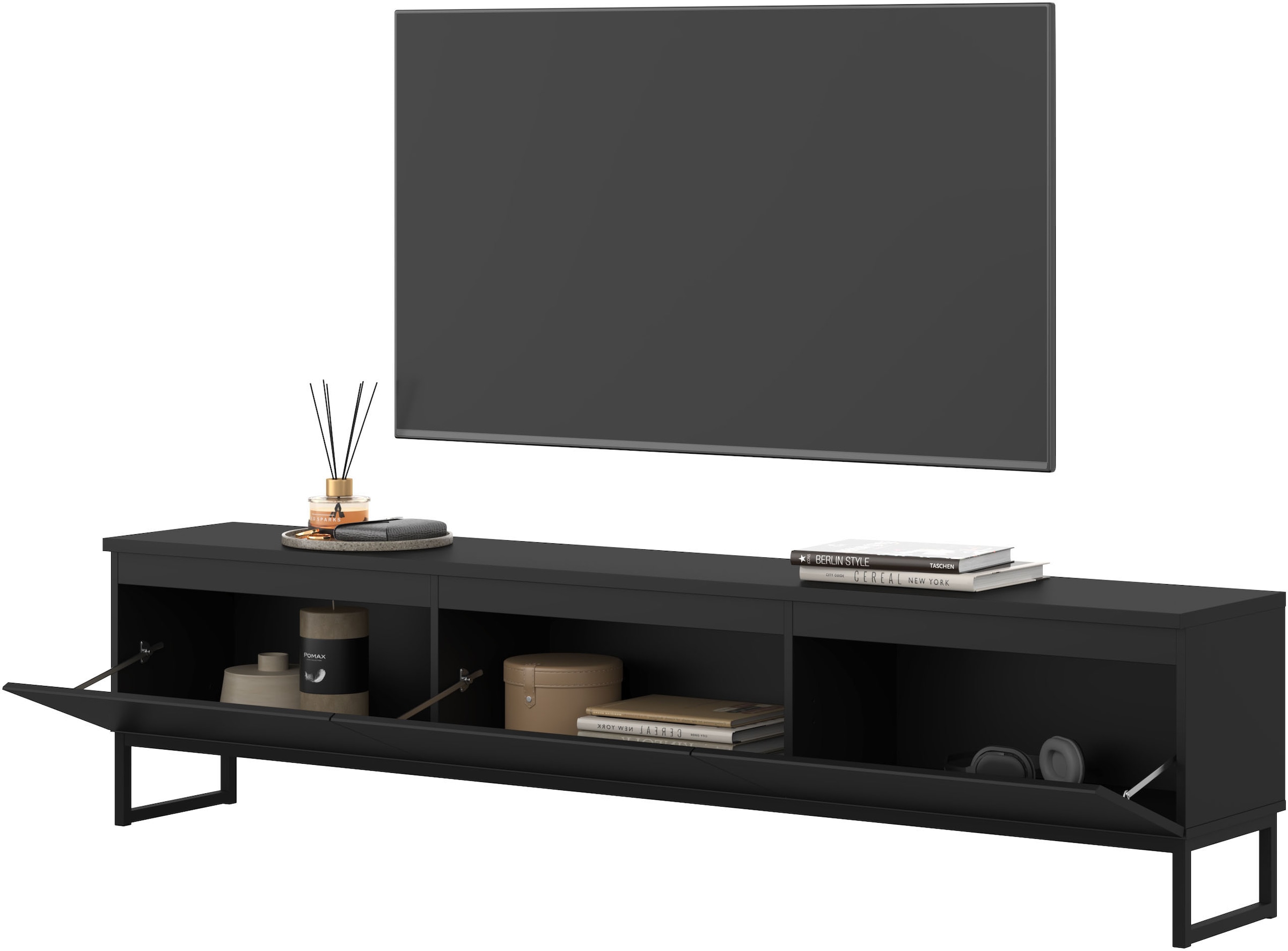 OTTO home Lowboard »Modo II, Breite 200 cm, modernes griffloses Lowboard 3 Klappen« TV-Kommode mit viel Stauraum, Metallkufen