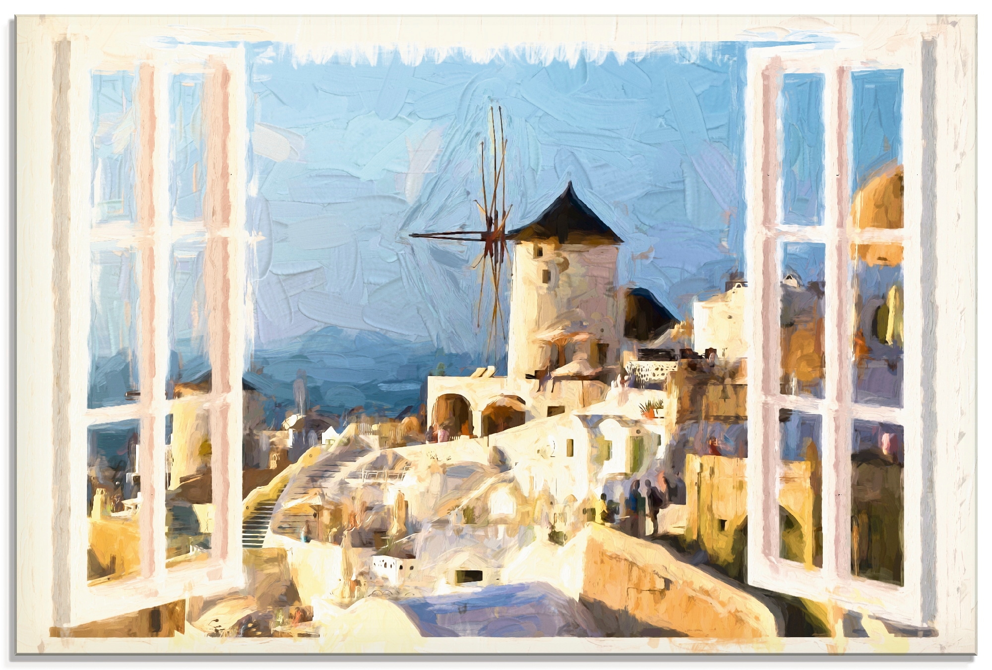in Santorin«, Fenster »Blick Fensterblick, bestellen | auf das Artland verschiedenen BAUR Glasbild St.), durch Größen (1