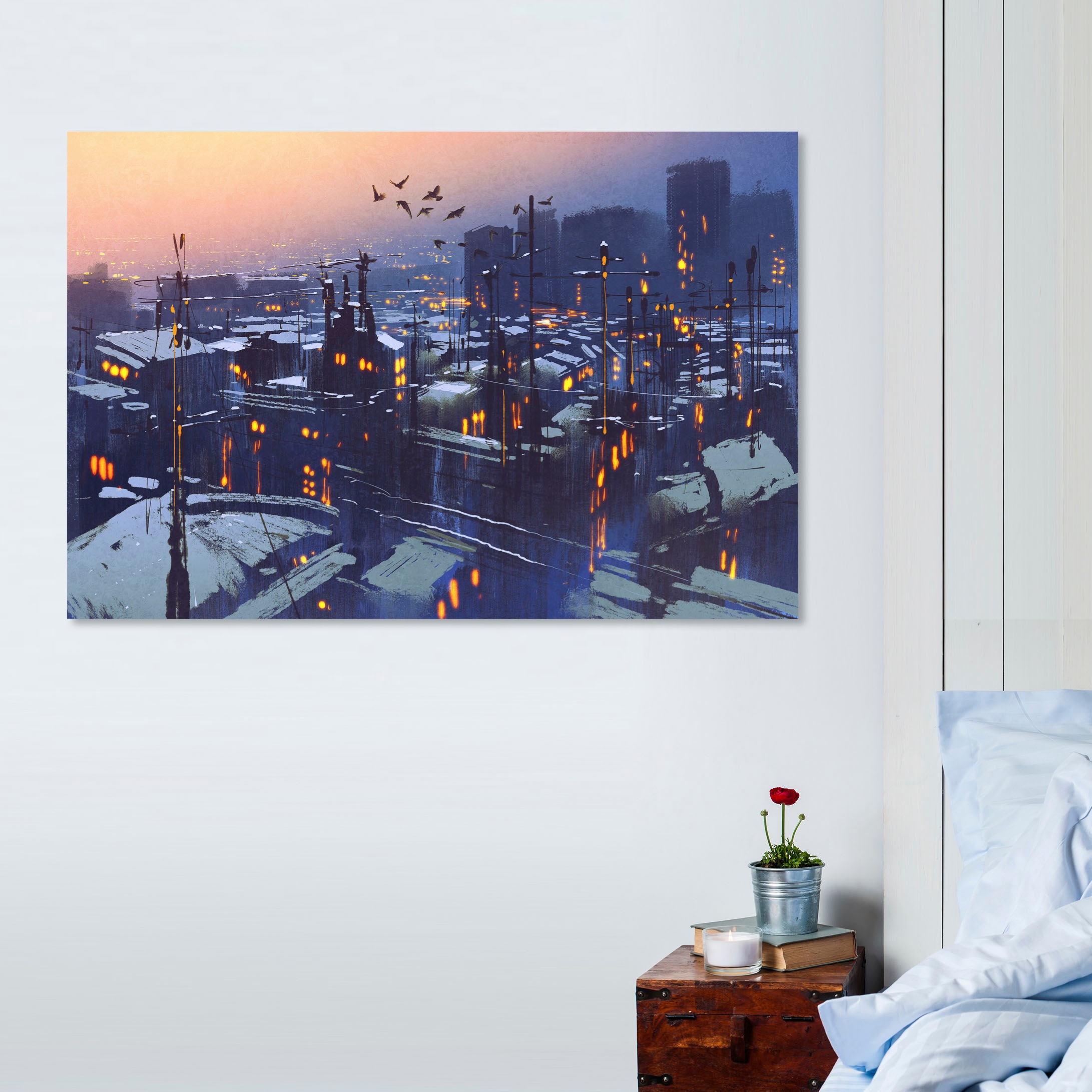 queence Leinwandbild "Stadt bei Nacht" Gebäude  Kunst  Modern  Sonnenaufgan günstig online kaufen
