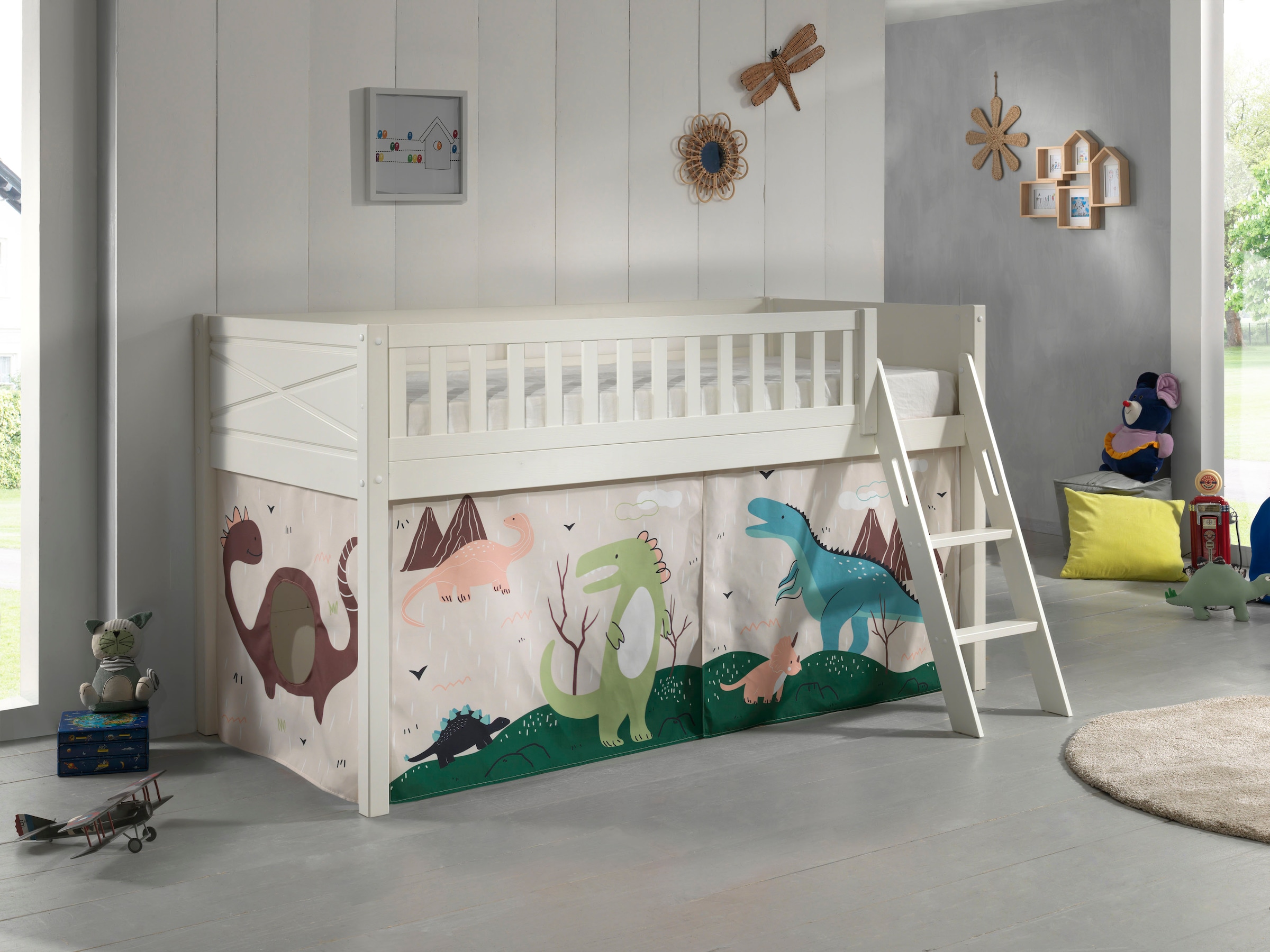 Vipack Hochbett »Scott«, (Made in Europe), mit schräger Leiter, LF 90x200 cm, Vorhang, Tunnel, 7 Designs