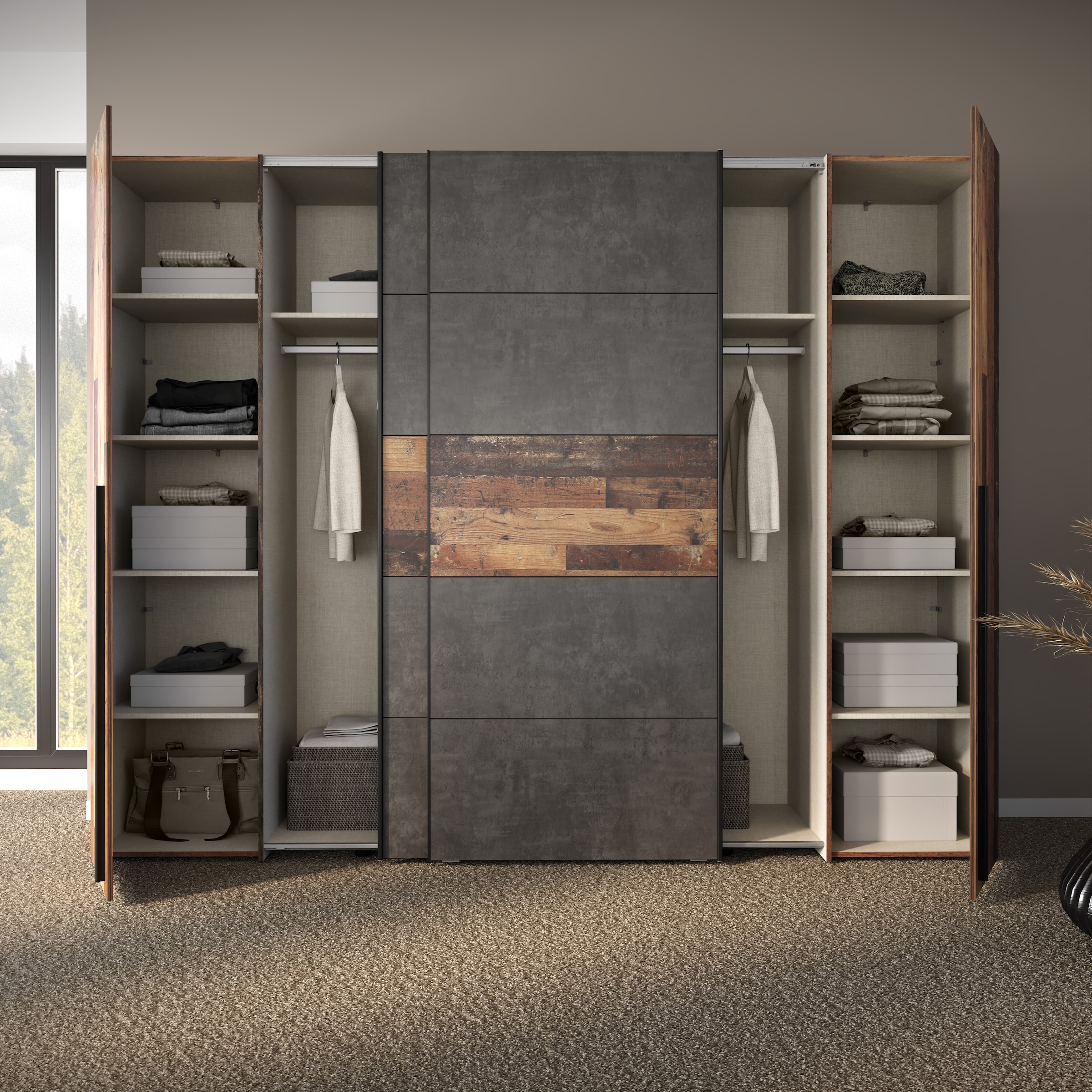 FORTE Schwebetürenschrank »Narago, Kombischrank, TOPSELLER, Paneele  wechselbar« B/H/T ca. 270/210/61cm, Farbe Weiß auch mit Spiegeln,  Schwebetüren in Kombination mit Drehtüren, Made in Europe