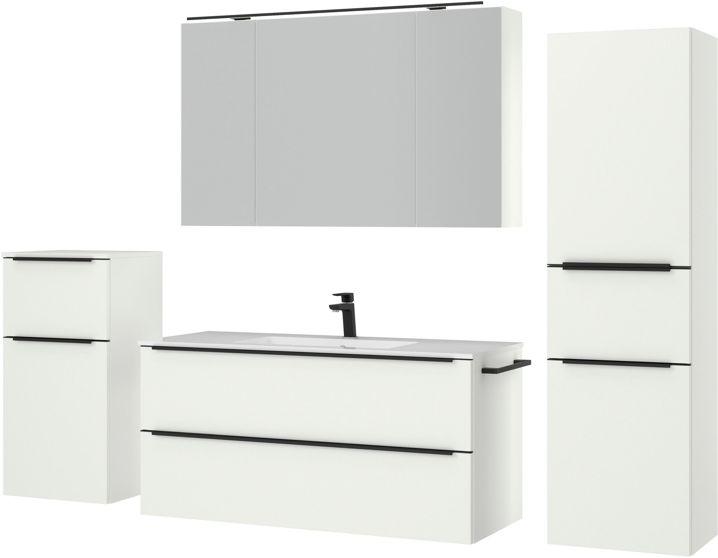 nobilia® Badmöbel-Set »Levere«, (4 St., vormontiert, mit Soft-Close), inkl. Spiegelschrank mit Beleuchtung und Dimmerfunktion, in 4 Breiten