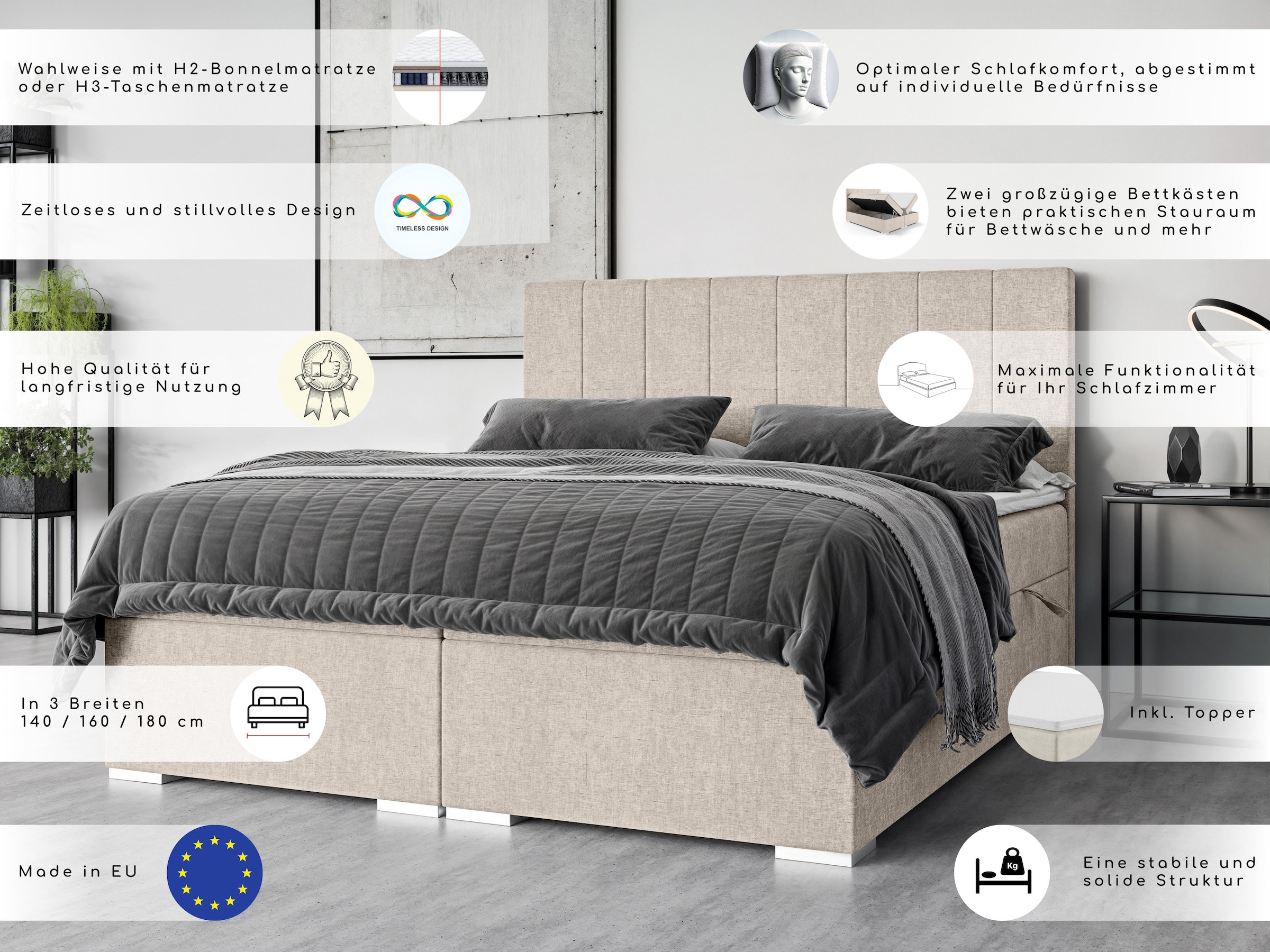 Places of Style Polsterbett »Ginoro mit Matratze und Topper, in 3 Breiten (140, 160 und 180 cm)«, Boxspringbett mit Kopfteil, Bettkasten, Matratze (BFK/TFK) und Topper