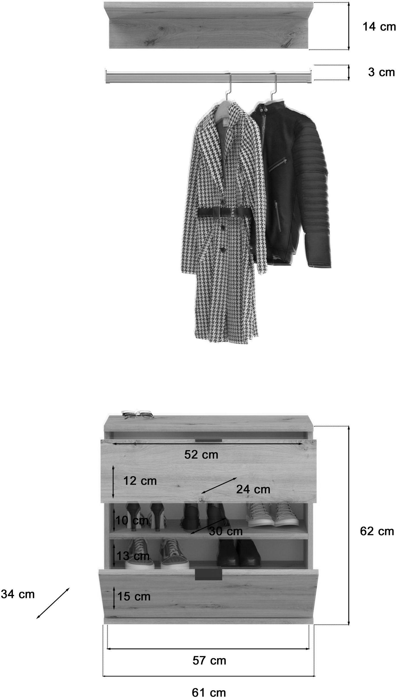 INOSIGN Garderoben-Set »Trondheim, Breite 152 cm, 5-teilig, bestehend aus:«, (Set, 4 St.), 2x Garderobenschrank, 1 Kommode, 1 Garderobenstange, 1 Ablageboden