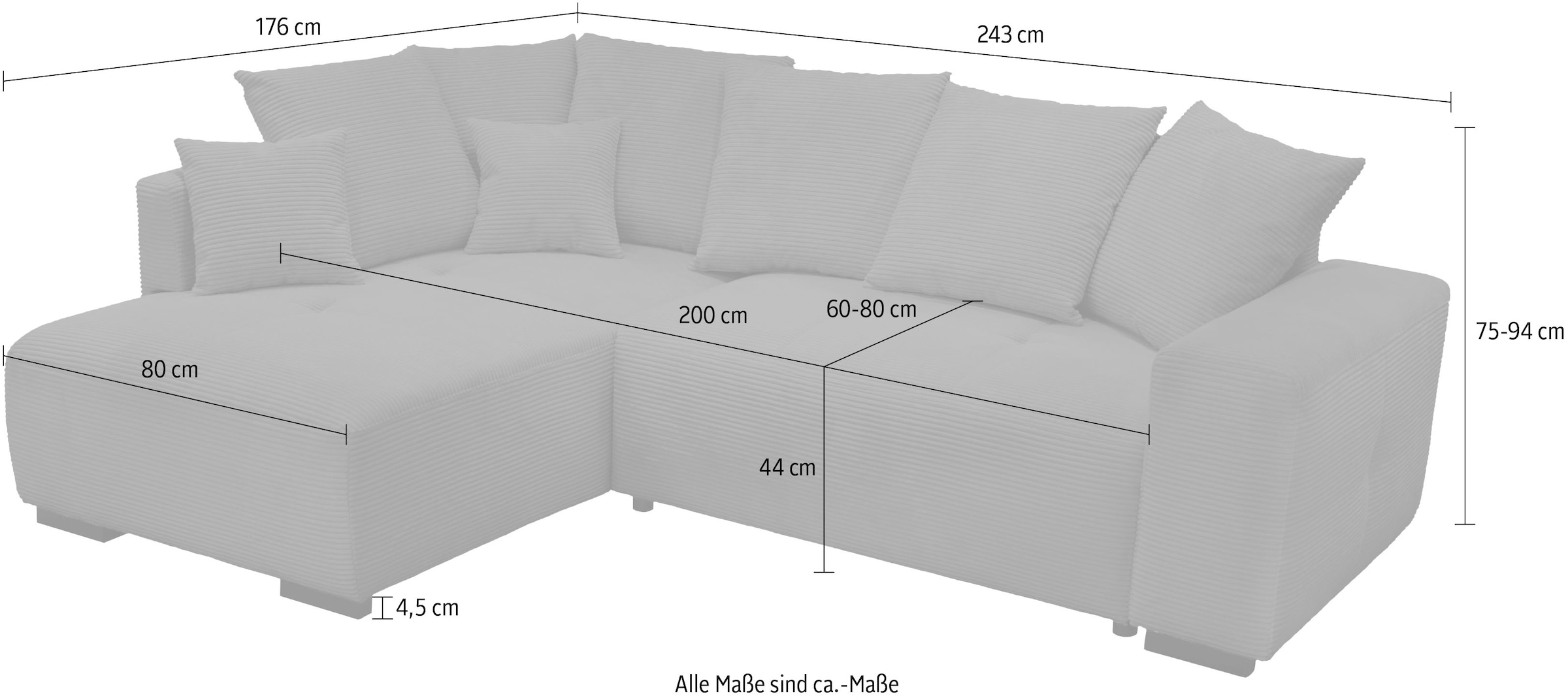 exxpo - sofa fashion Ecksofa Ottomane beidseitig montierbar,inkl. 6x Rückenkissen und 2x Zierkissen