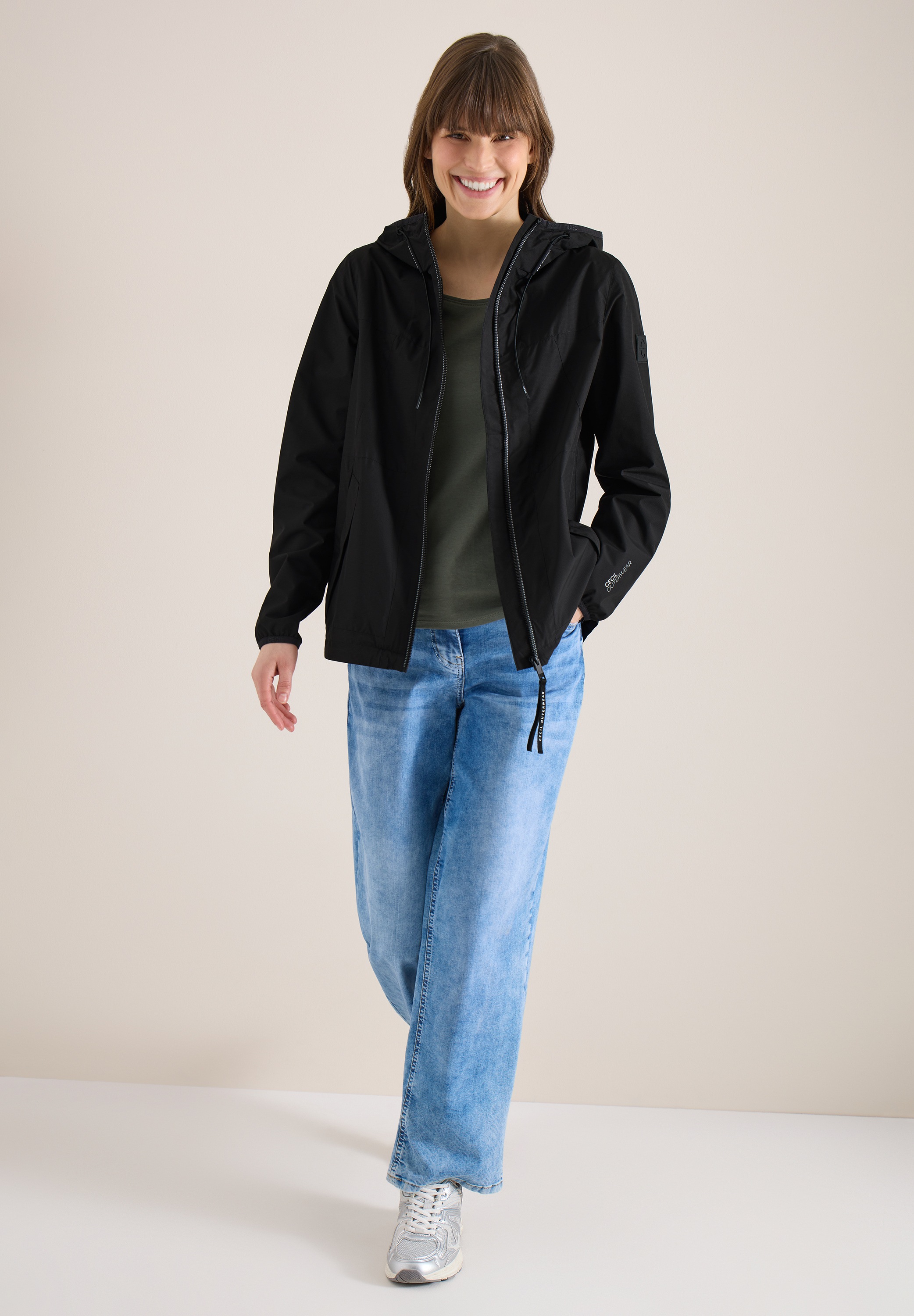 Regen- und Matschjacke CECIL, Damen, Gr. M (40), schwarz, Stoff, Obermaterial: 100% Polyester; Futter: 100% Polyester, unifarben, comfort fit normal, ohne Ausschnitt, Bündchen, Jacken, mit Tunnelzugsaum 3
