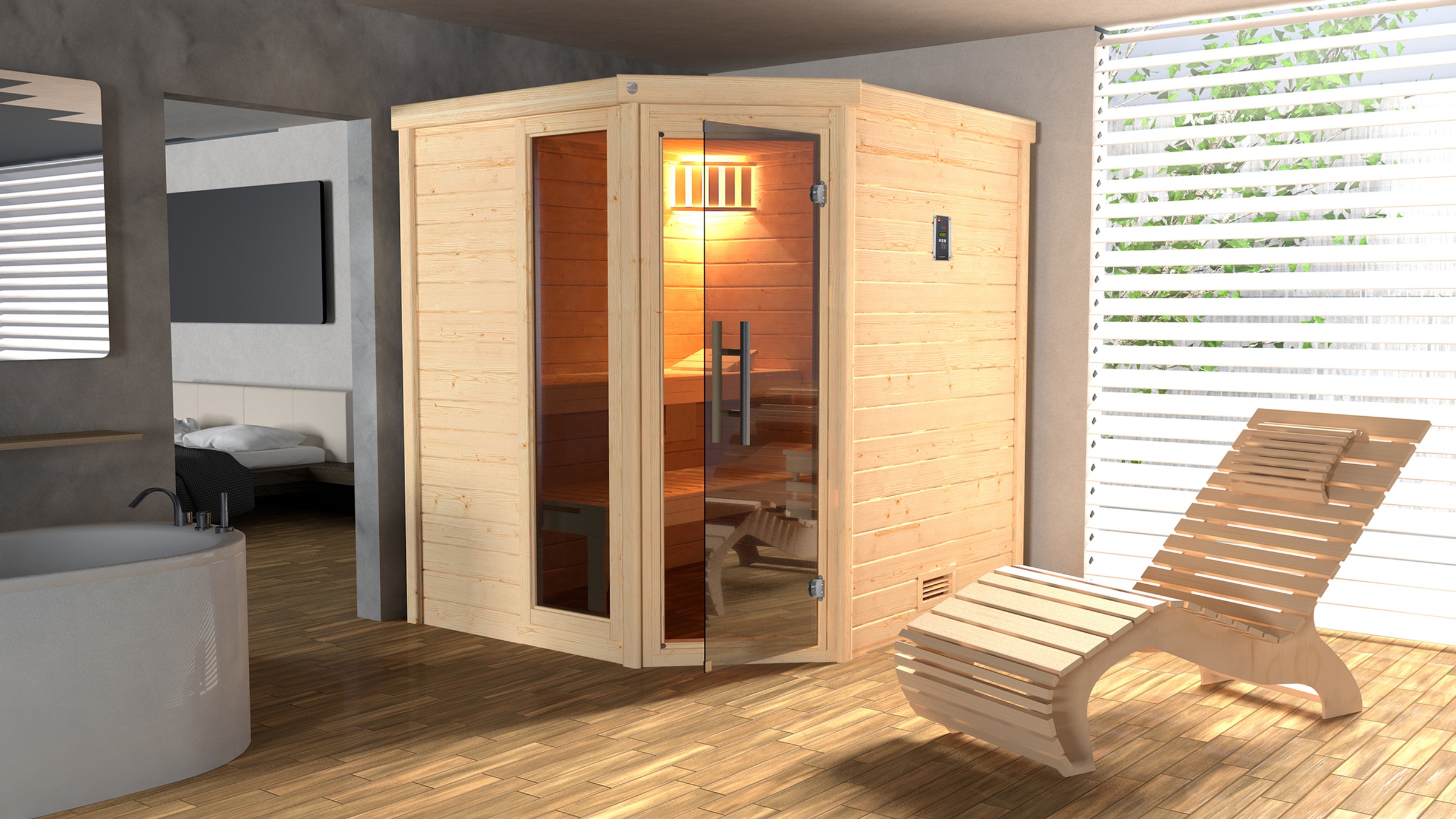 weka Sauna »Massivholzsauna TURKU 1«, Blockbohlen, Fensterelement, moderne Ganzglastür
