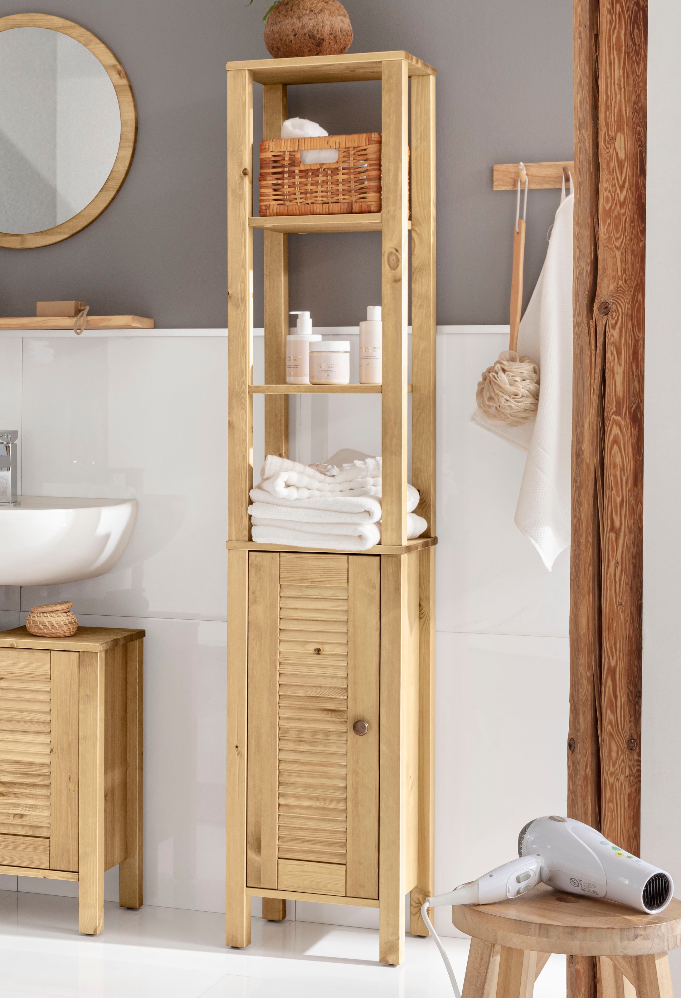 Home affaire Hochschrank »Ayanna«, Badschrank aus Massivholz, FSC®, Breite 33 cm, Höhe 170 cm