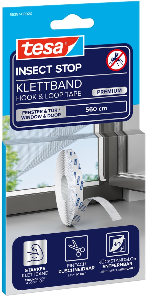 TESA Fliegengitter-Gewebe "Klettband Premium - Ersatzrolle Für Fliegennetze - 560 cm", B/H: 560cm x 1cm, weiß, Insektenschutzgitter, zuschneidbar -