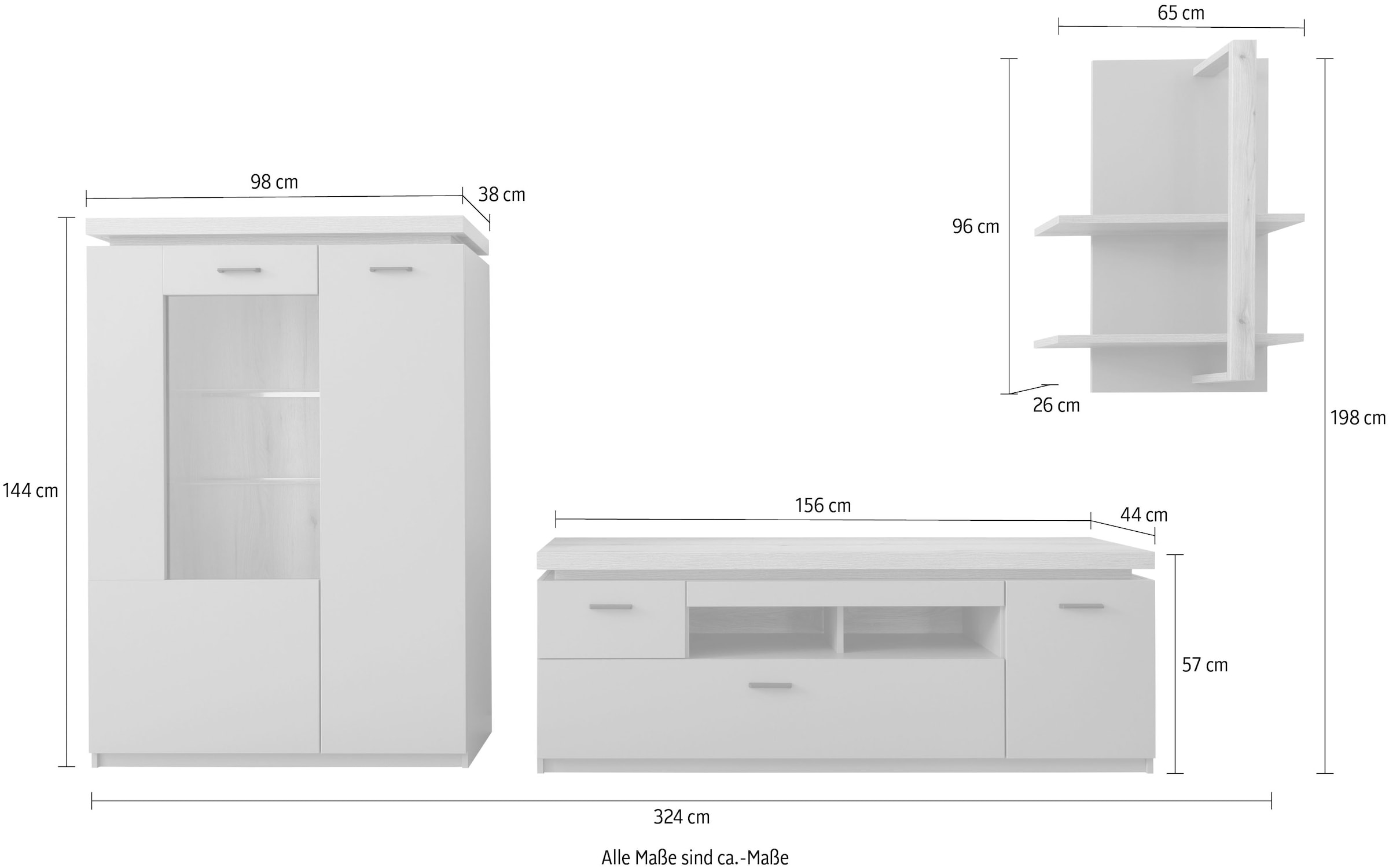MCA furniture Wohnwand »MONIZ Wohnkomination 2«, (Komplett-Set, 3 St.), Türen/ Schubkästen gedämpft