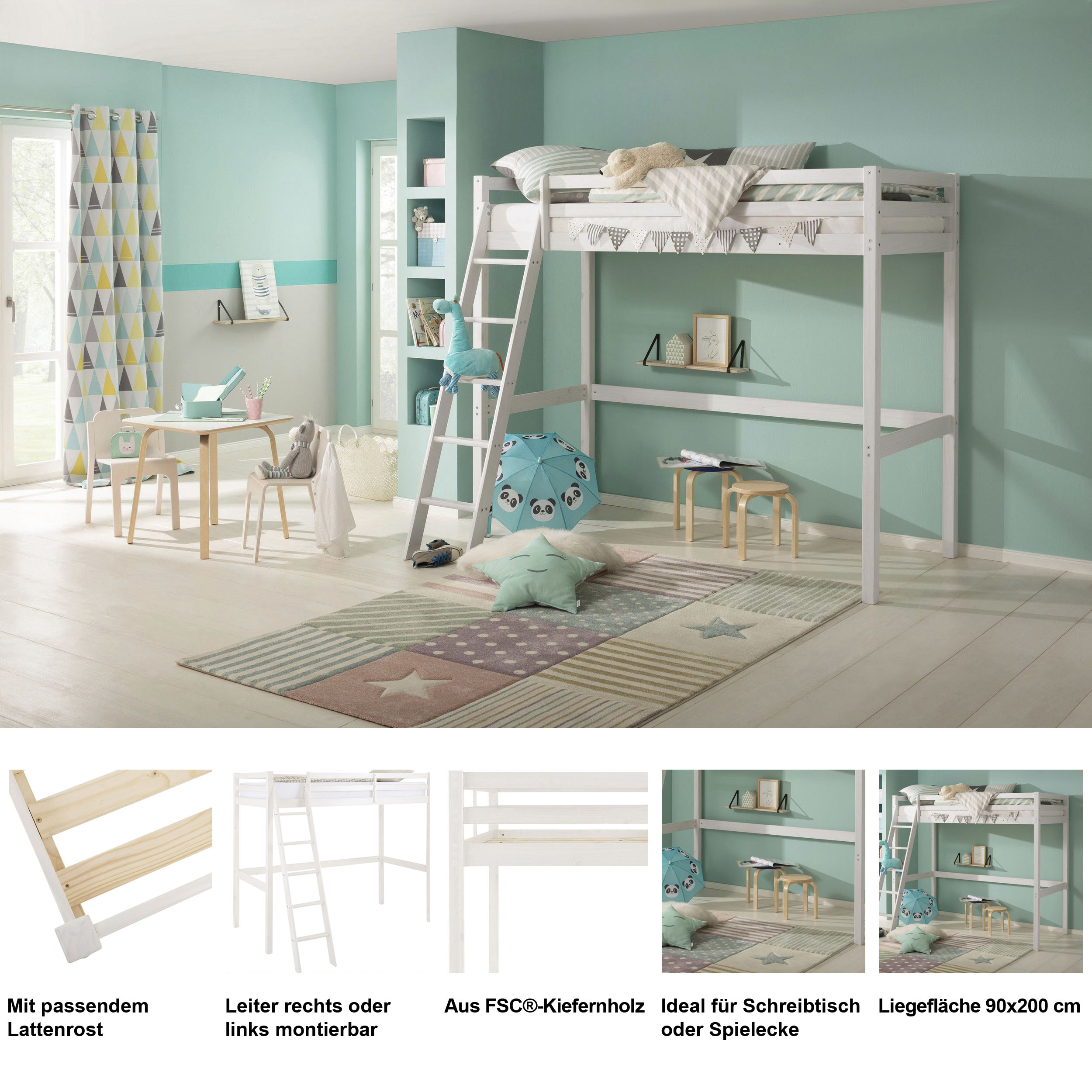 Thumbnail - OTTO home Kinderbett "Alpi, Leiter links oder rechts montierbar, Hochbett" Kiefernholz, Inklusive Leiter und Lattenrost,...
