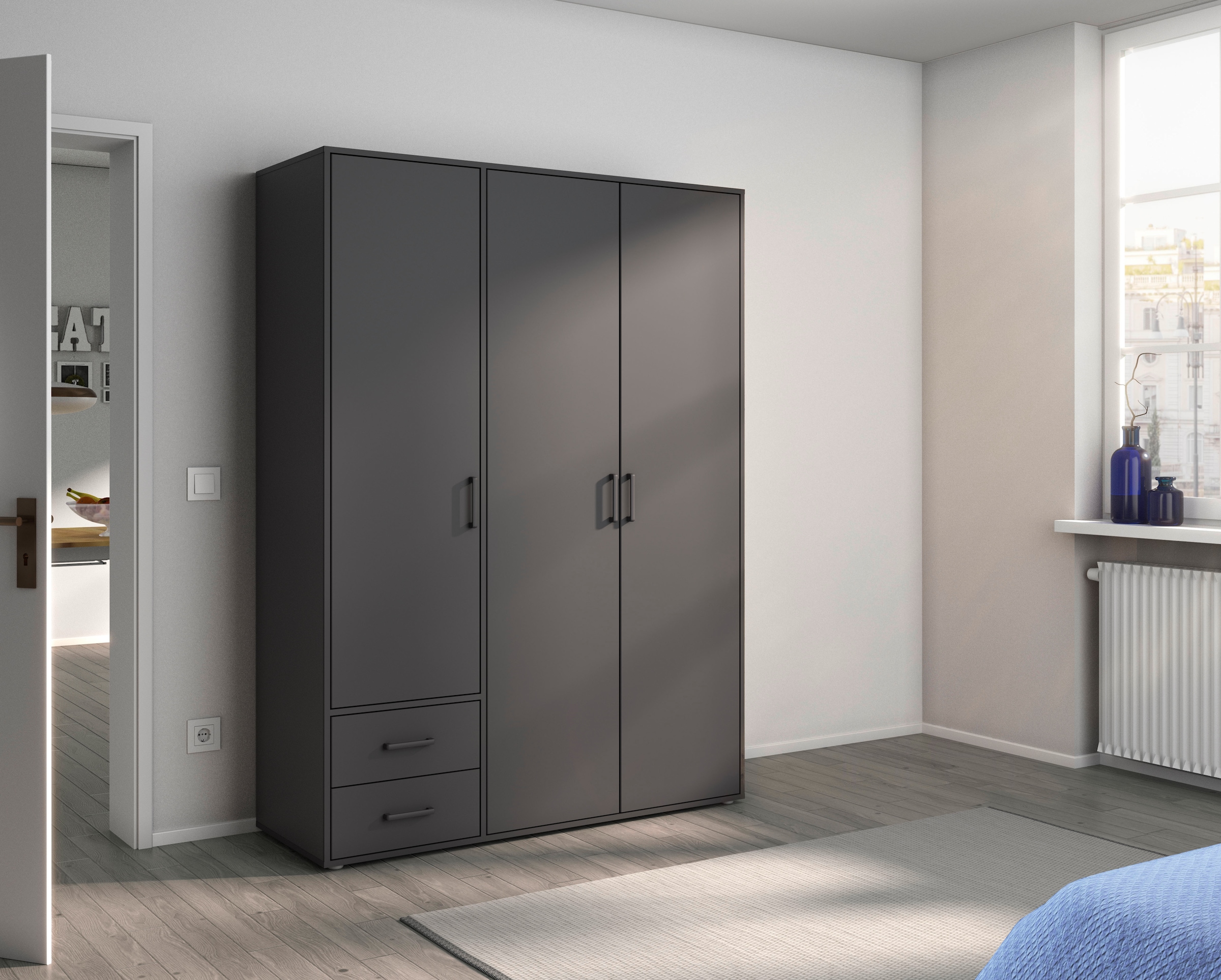 rauch Drehtürenschrank "Kleiderschrank Schrank Garderobe Wäscheschrank VOYAGER" in 3 verschiedenen Ausstattungen BASIC/CLASSIC/PREMIUM, mit 2 modernen Griffvarianten, mit Außenschubladen MADE IN GERMANY