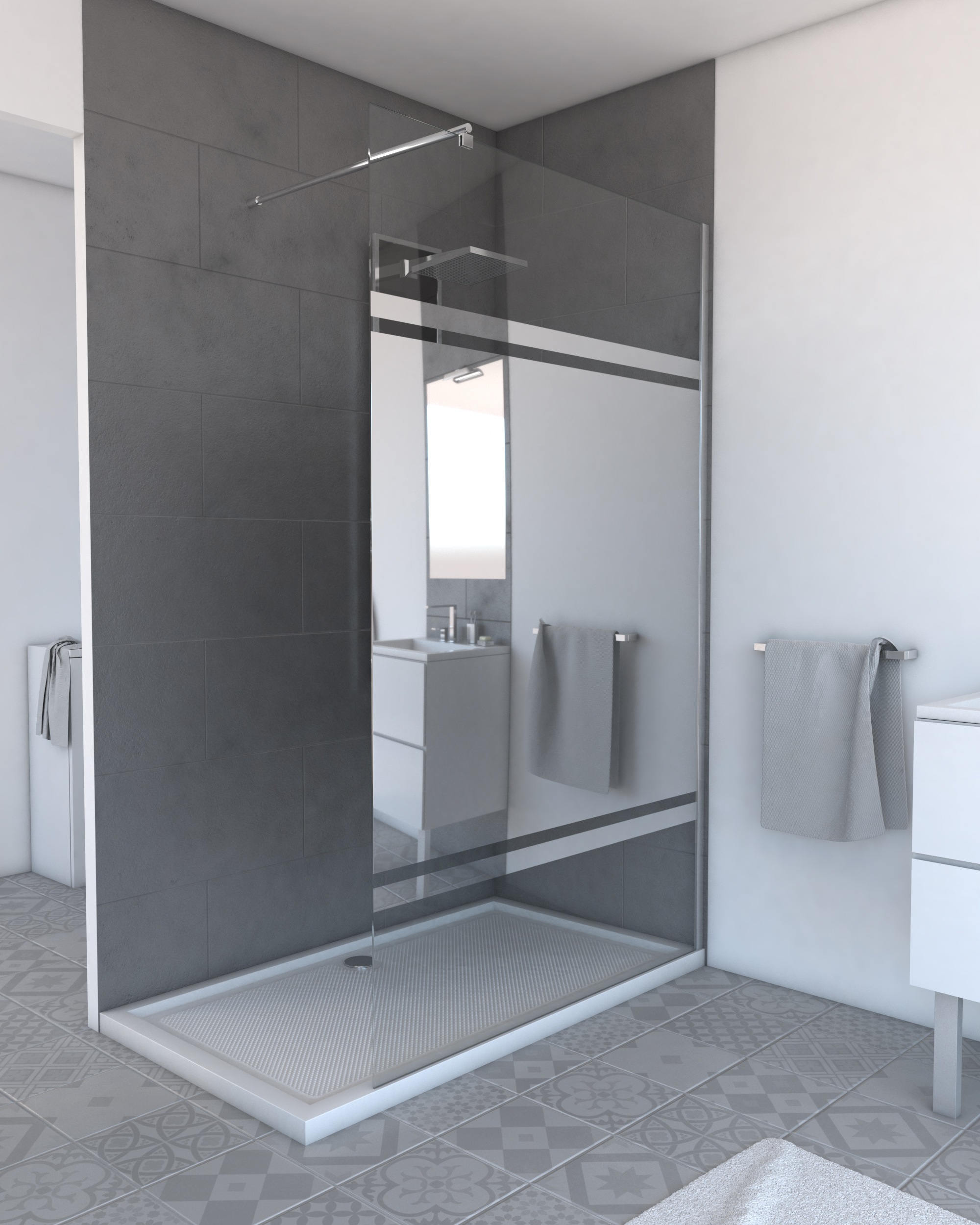 Marwell Walk-in-Dusche, mit verspiegelten Sichtschutzstreifen, verchromtes Wandprofil