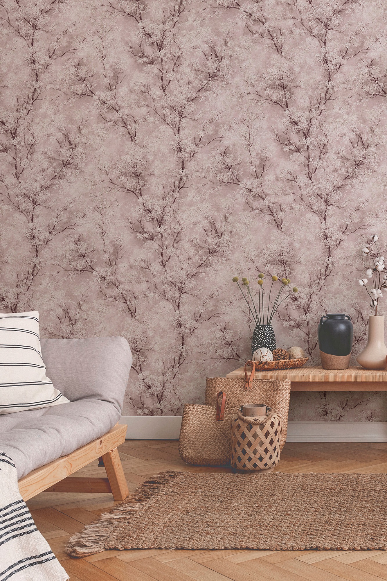 living walls Vliestapete »New Walls Cosy & Relax mit Kirschblüten«, floral-botanisch-Wald, Tapete Wald Tapeten Wohnzimmer Schlafzimmer Küche modern Design Optik