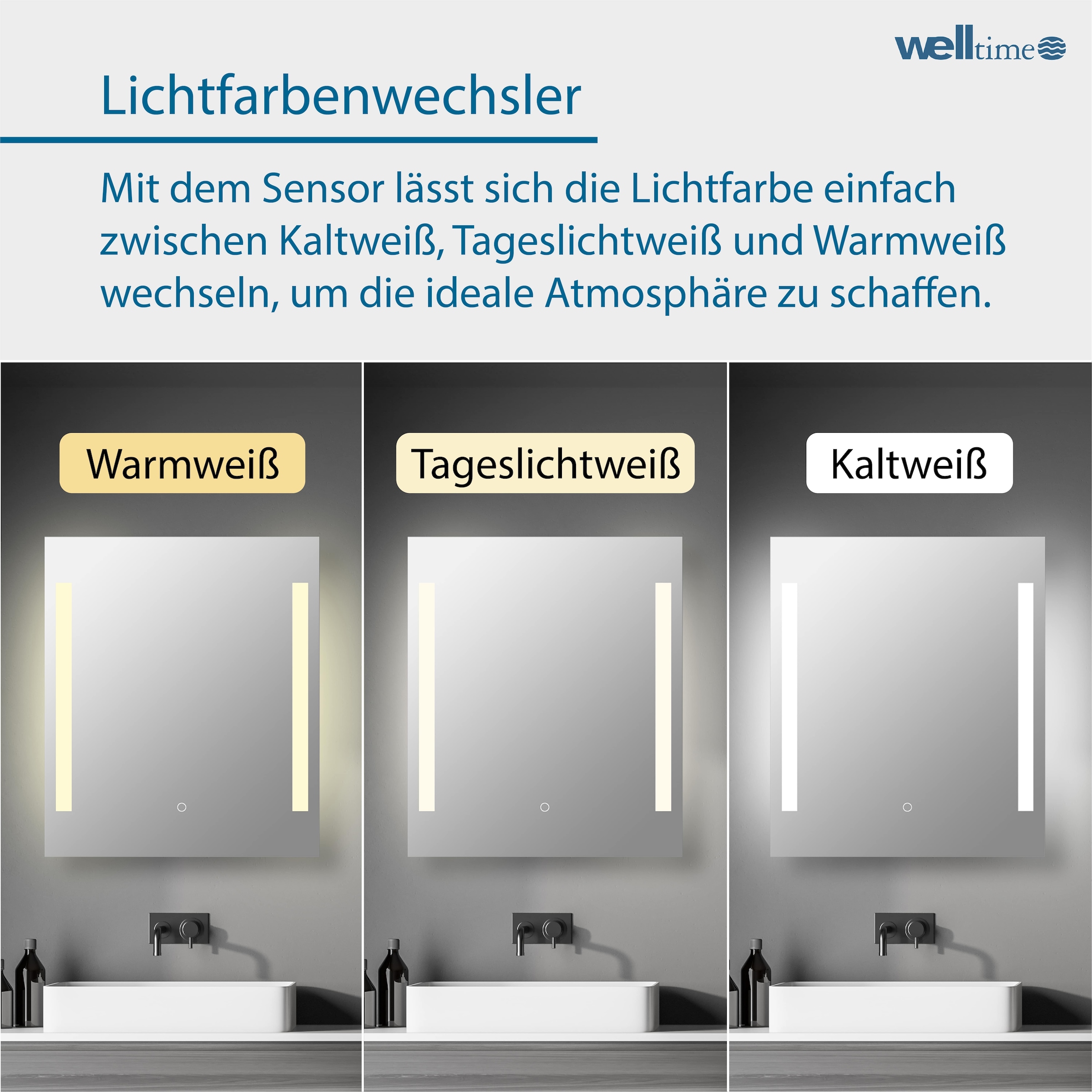 welltime LED-Lichtspiegel »Plaza«, mit Lichtfarbenwechsler und Dimmschalter, in verschiedenen Größen