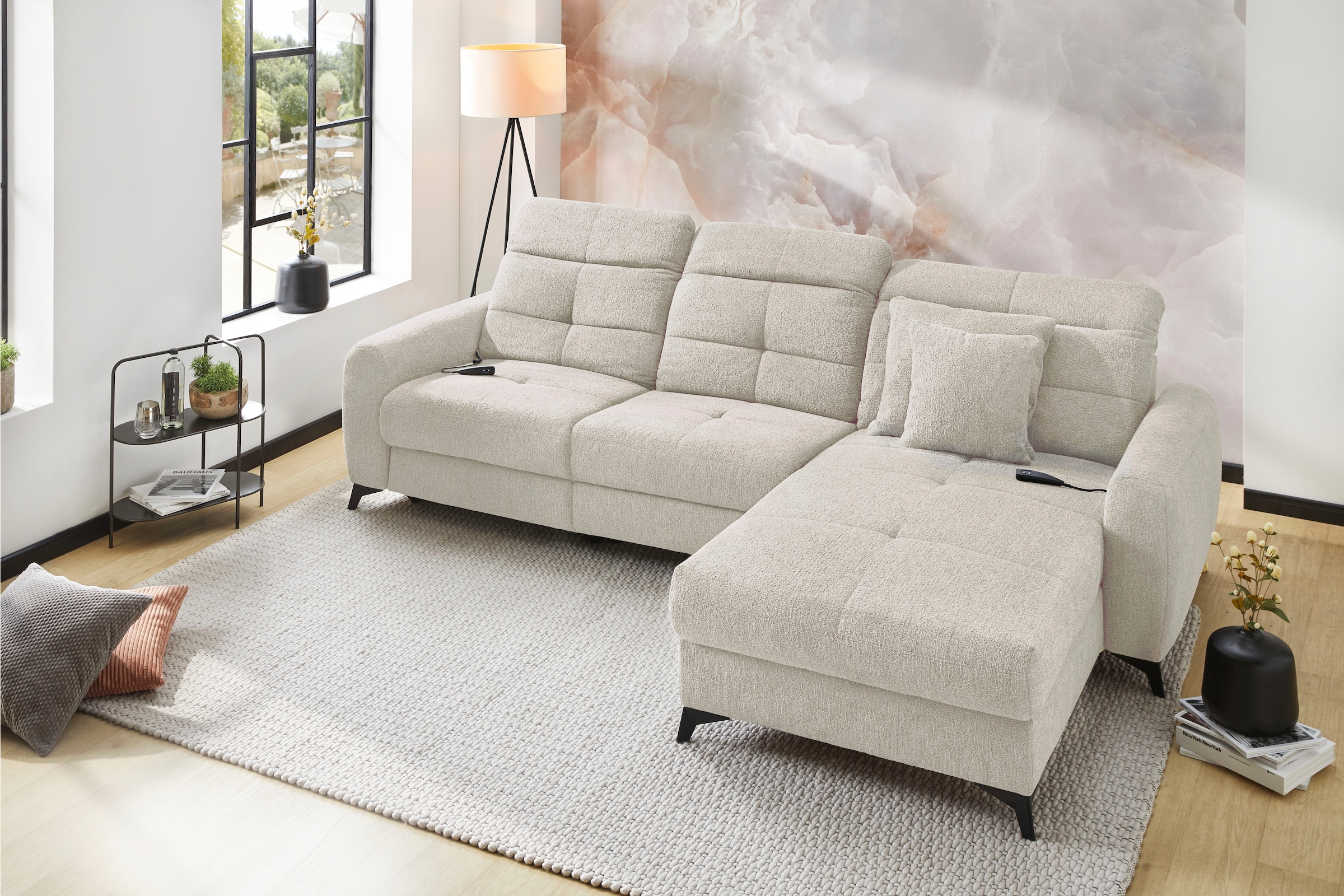 Jockenhöfer Gruppe Ecksofa "Chillout L-Form, B: 288 cm, elektr. Relaxfunktion im Sitz und Ottomane" 140kg Belastbarkeit je Sitz, Kopfteilverstellung & Zierkissen