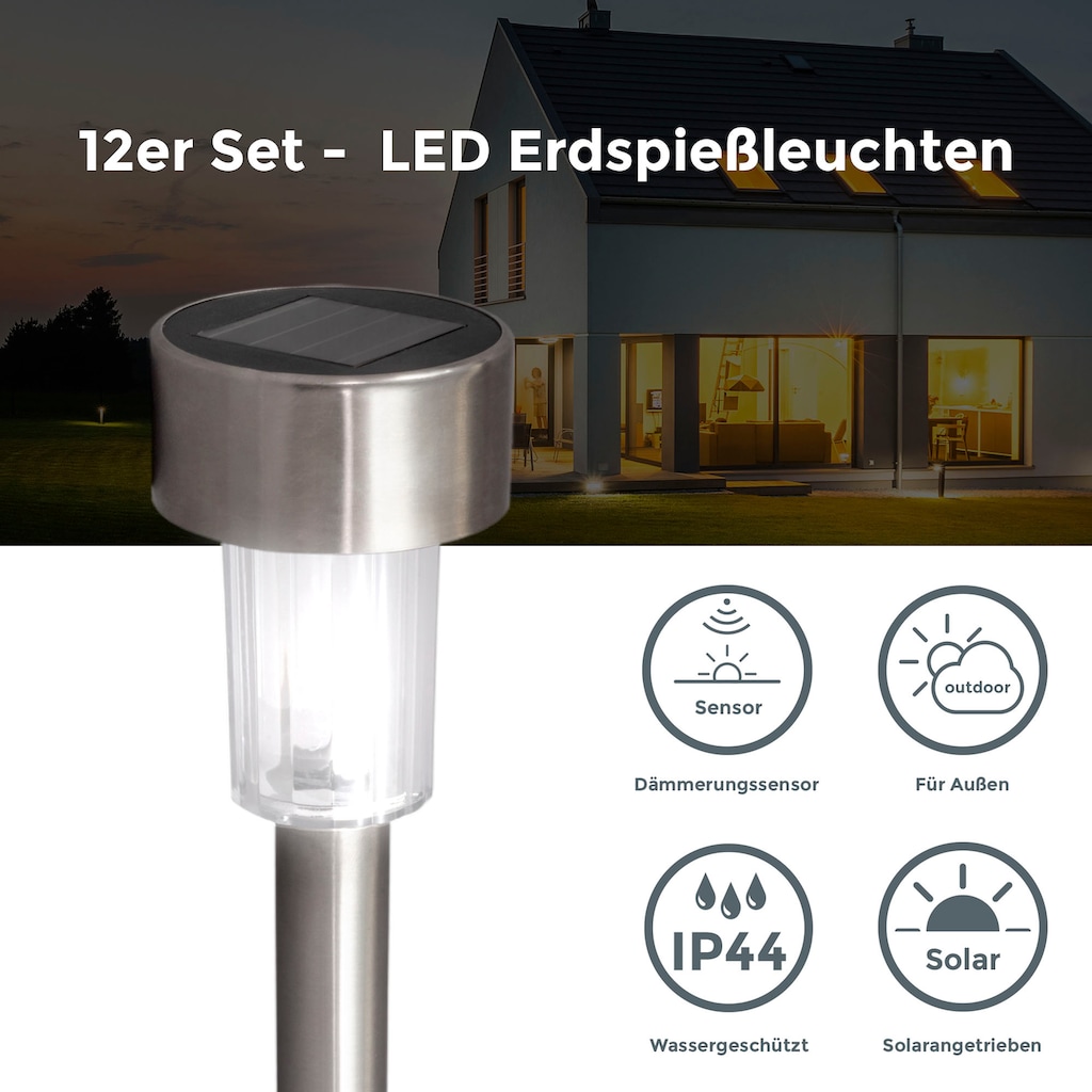 B.K.Licht LED Solarleuchte »BK_SL1482 LED Solar-Wegleuchte, 12er-Set, IP44, Dämmerungssensor«, 12 flammig-flammig