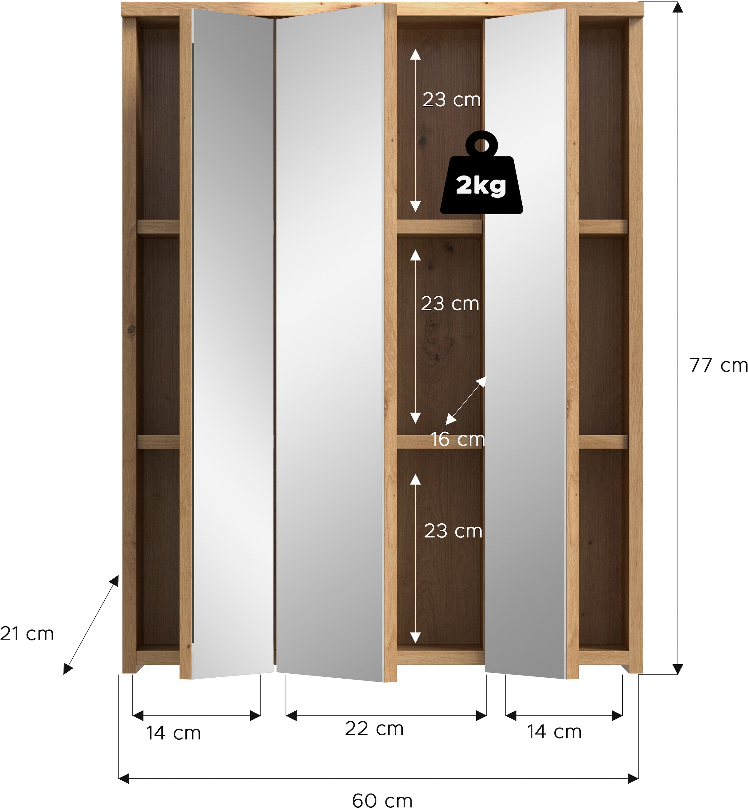 welltime Badezimmerspiegelschrank »LUCCA, Breite 60cm, 3 Spiegeltüren, 9 Fächer, 6 Fachböden«