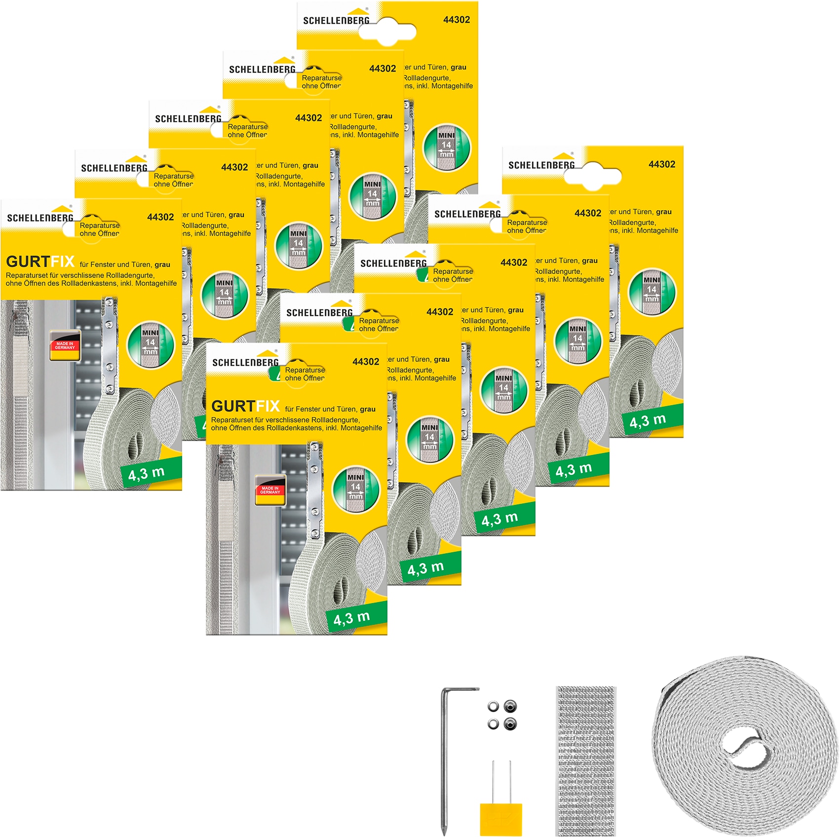 SCHELLENBERG Reparatur-Set "Rollladen Gurtfix für das Rollladensystem Mini" Set, 10 Stk. tlg. für alte Gurtbänder in unterschiedlichen Farben, 14 mm x 4,3 m