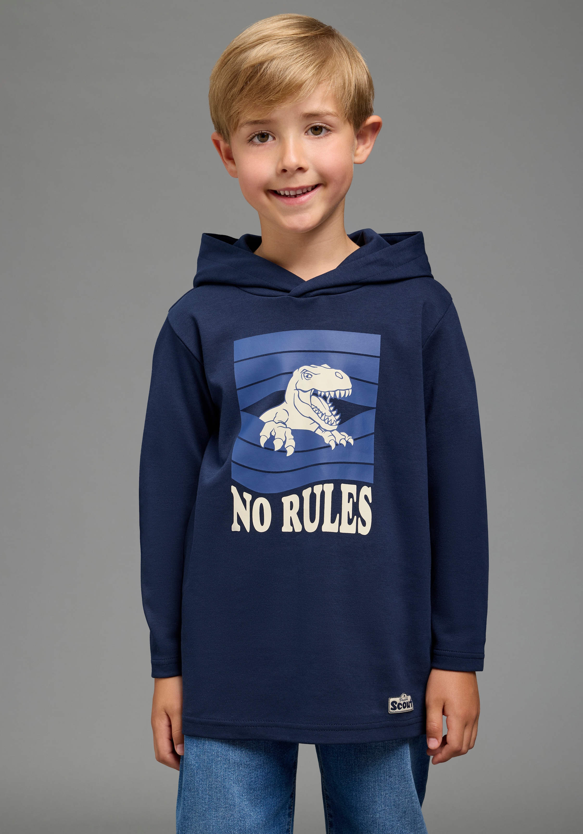 Scout Kapuzenshirt "Kapuzenshirt mit coolem Dino-Druck - NEU von SCOUT" Shirt mit Spruch: NO RULES, langarm, modischer Stil