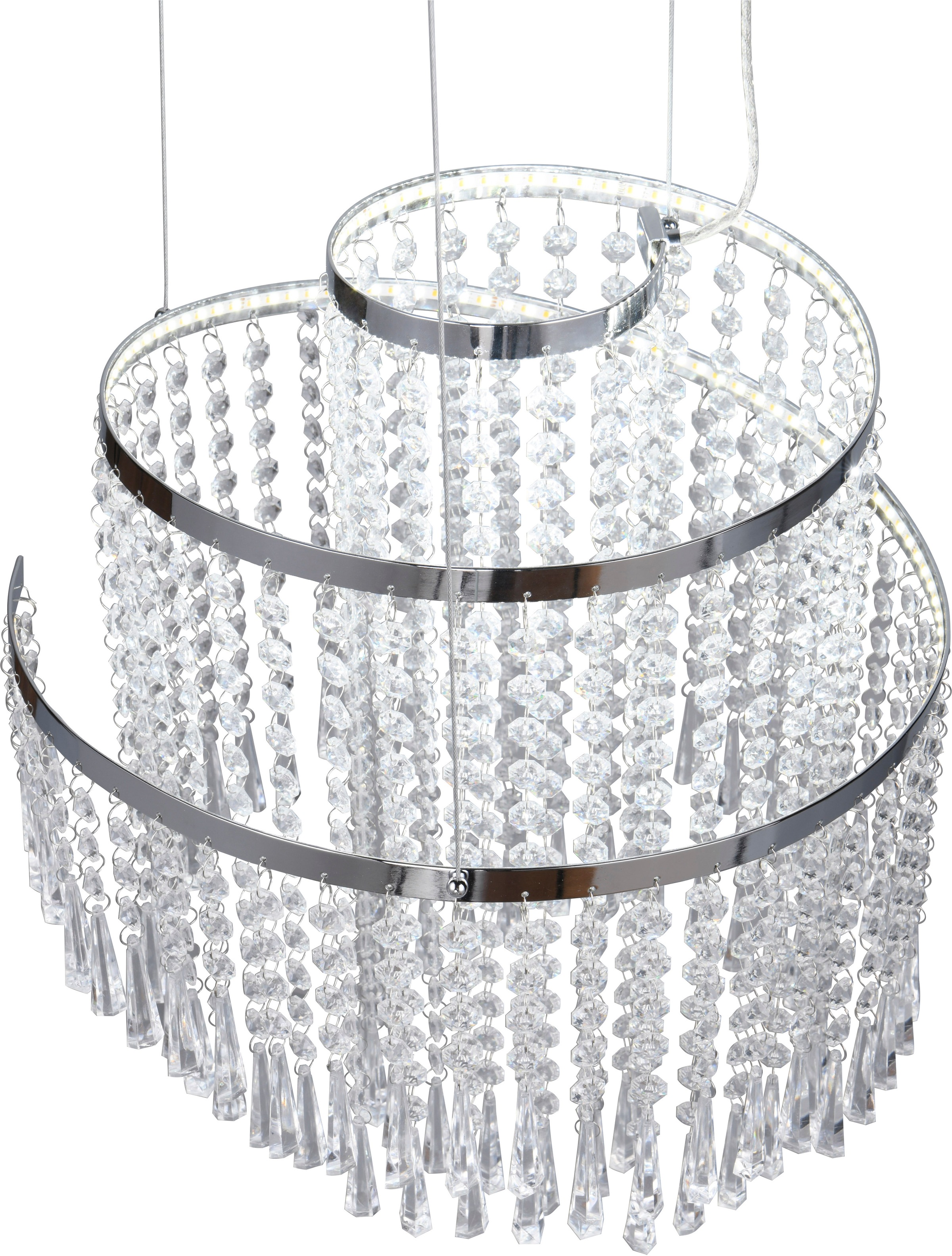REALITY Leuchten LED Pendelleuchte »POMP, Kronleuchter chromfarbig mit Acryl Behang Ø 38cm Höhe 150 cm« LED-Board 1 Stk. Farbwechsler | warmweiß - kaltweiß LED Hängelampe 30W 4300 Lumen CCT 2700-6500K dimmbar mit Fernbedienung