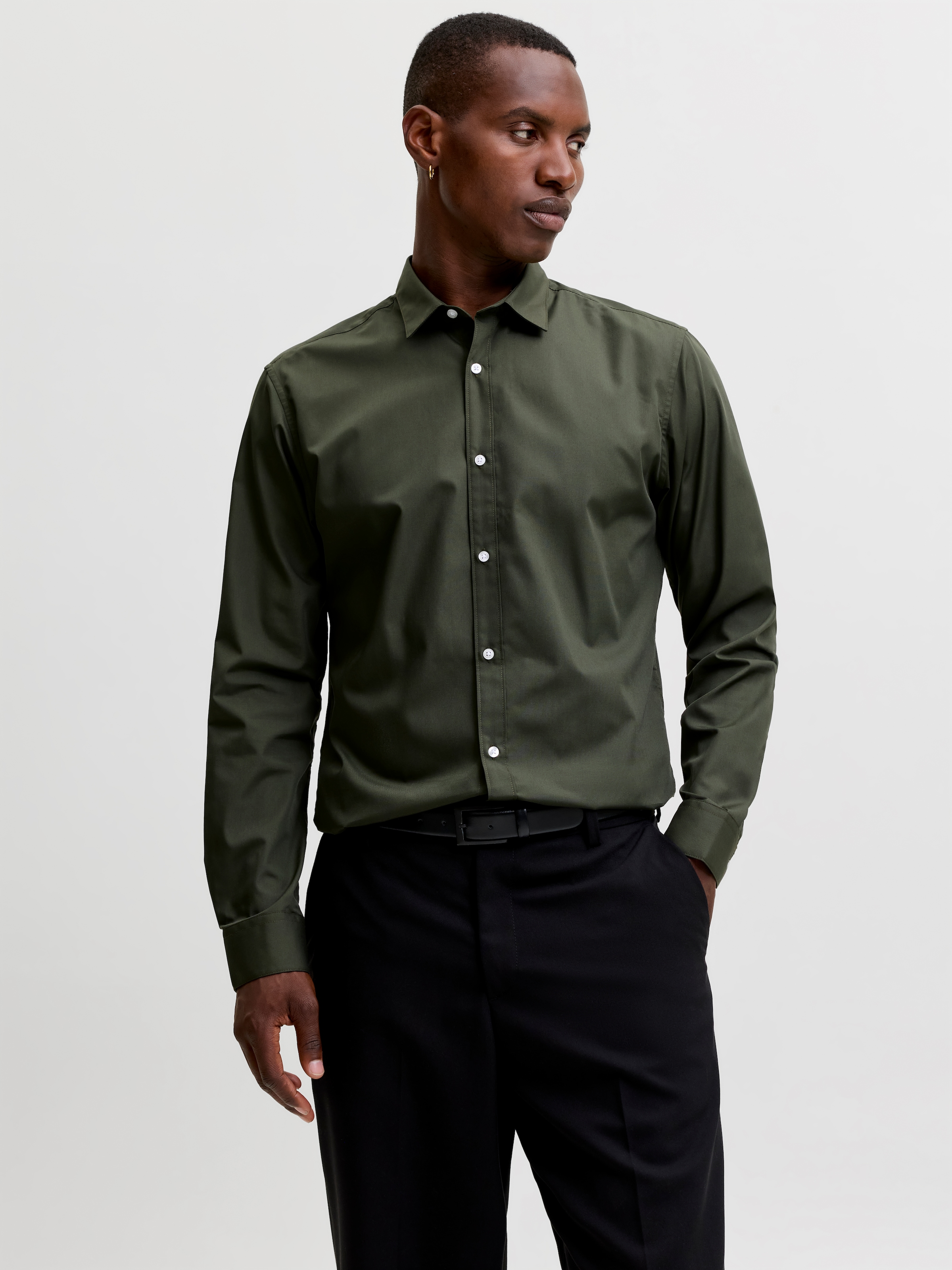 Jack & Jones Langarmhemd "Jjjoe Shirt Ls Plain" Materialmix, Slim Fit