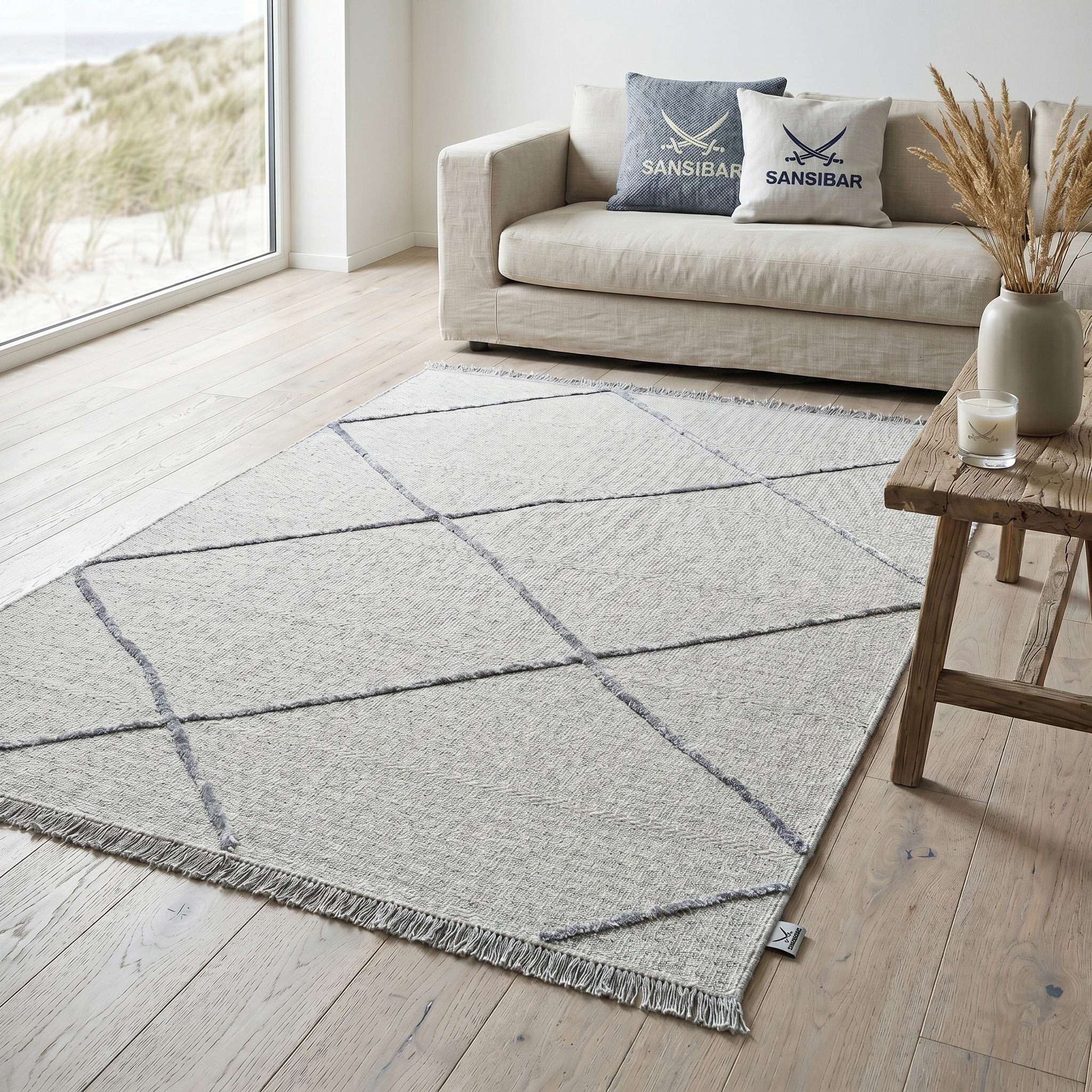 Sansibar Teppich "Braderup" rechteckig 2 mm Höhe Flachgewebe, modernes Scandi Design, Motiv Rauten, mit Fransen
