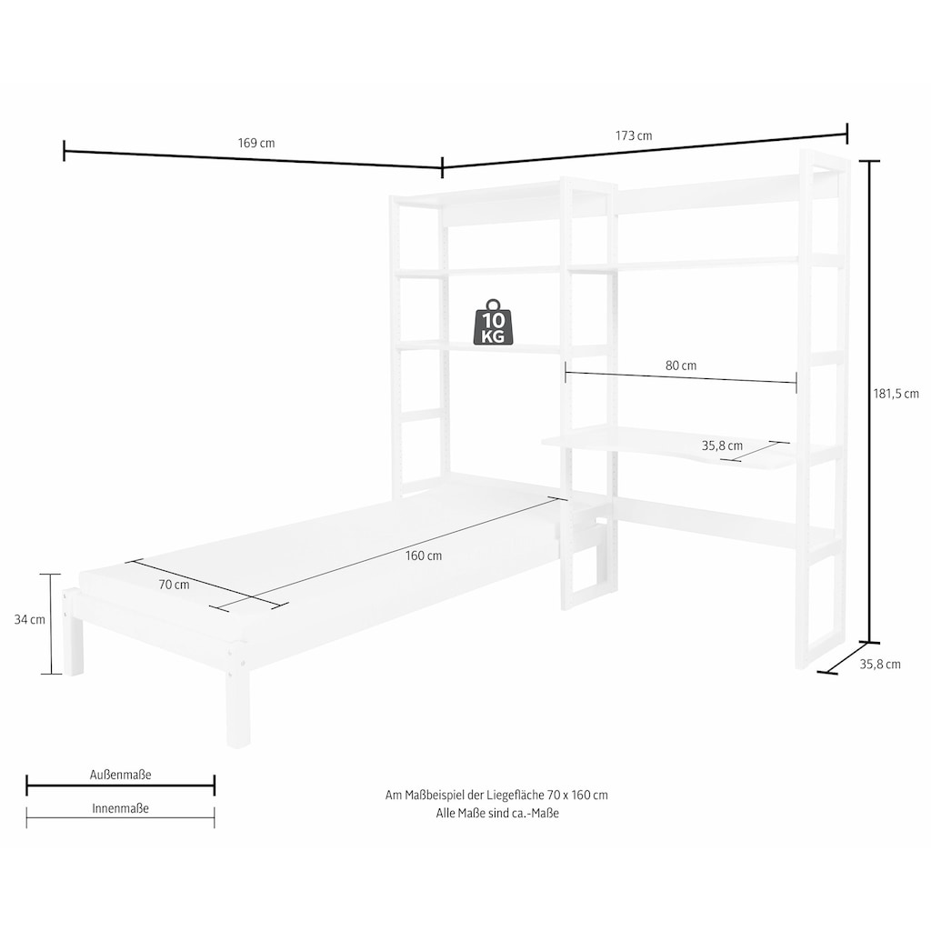 Hoppekids Jugendzimmer-Set »STOREY«, (Set, 13 St., Bett, Schreibtischplatte, 4 Einlegeböden, 4 Stützelemente, Rollrost)