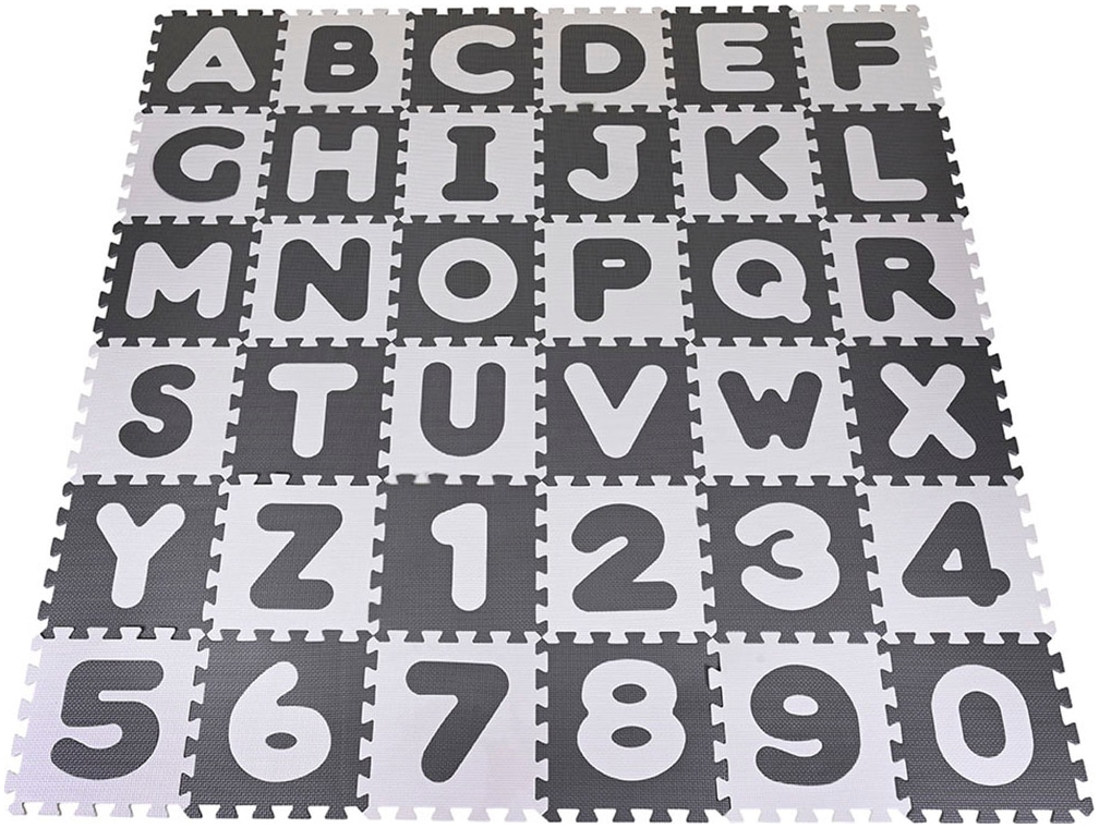 Puzzle »Alphabet + Zahlen, grau-weiß«, Puzzlematte, Bodenpuzzle