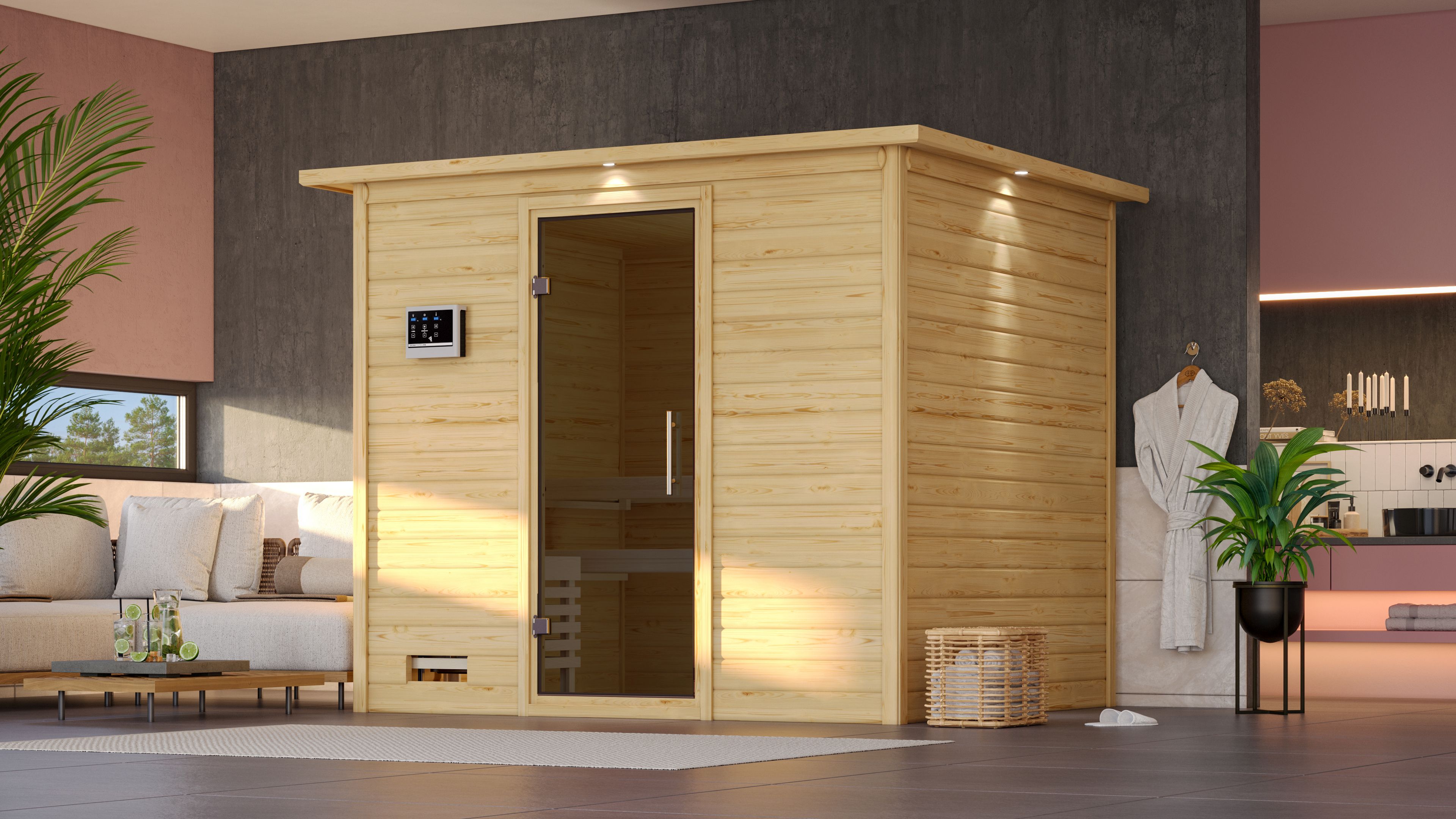 KARIBU Sauna "Soraja", Bio-Kombiofen, externe Steuerung, 9 kW, beige, Saunen, Ofen 9 kW Bio externe Strg easy