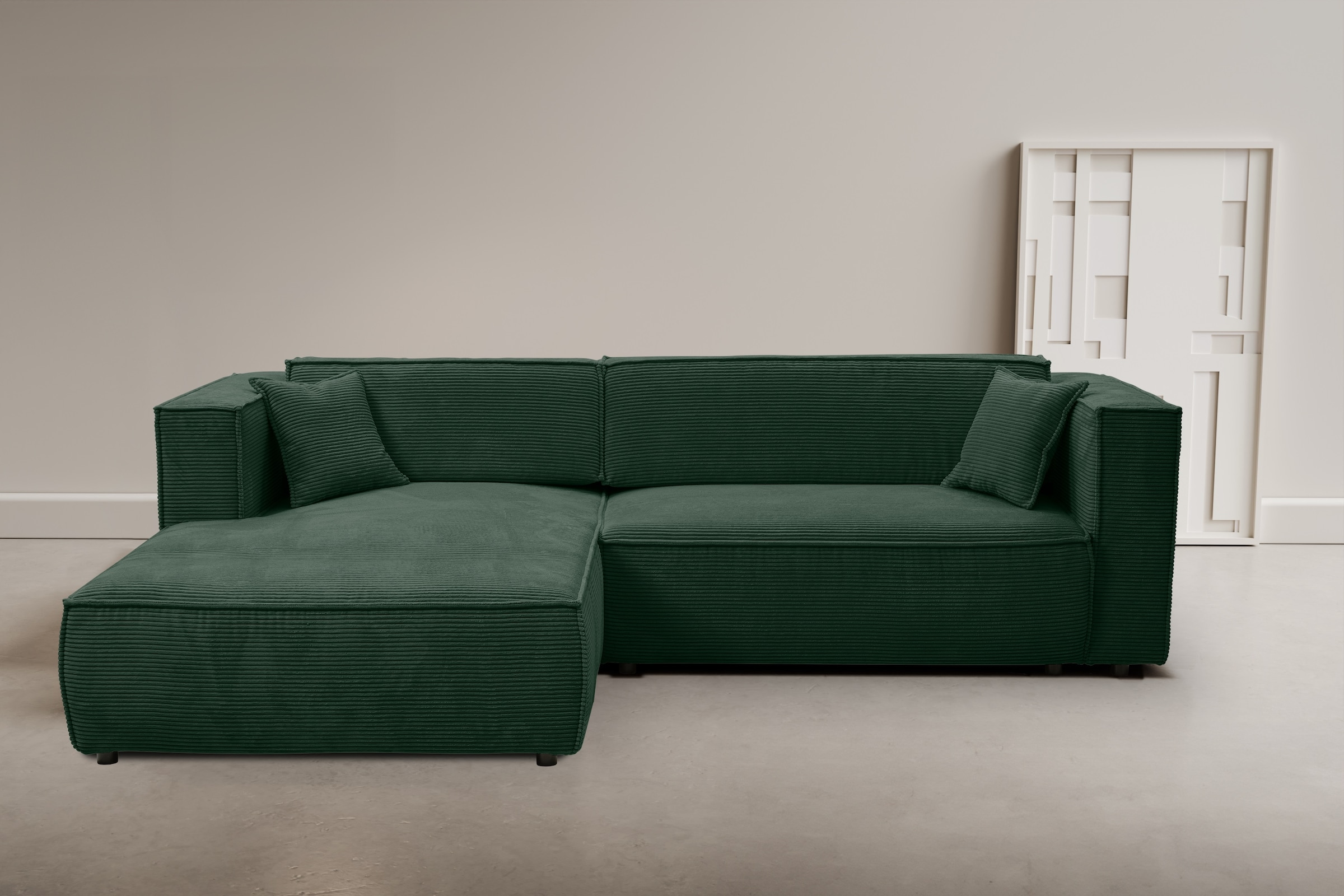 WERK2 Ecksofa "Atlanta-New 295 x 182 cm modern und bequem" Cord, L-Form, XXL, Schlaffunktion, Bettkasten