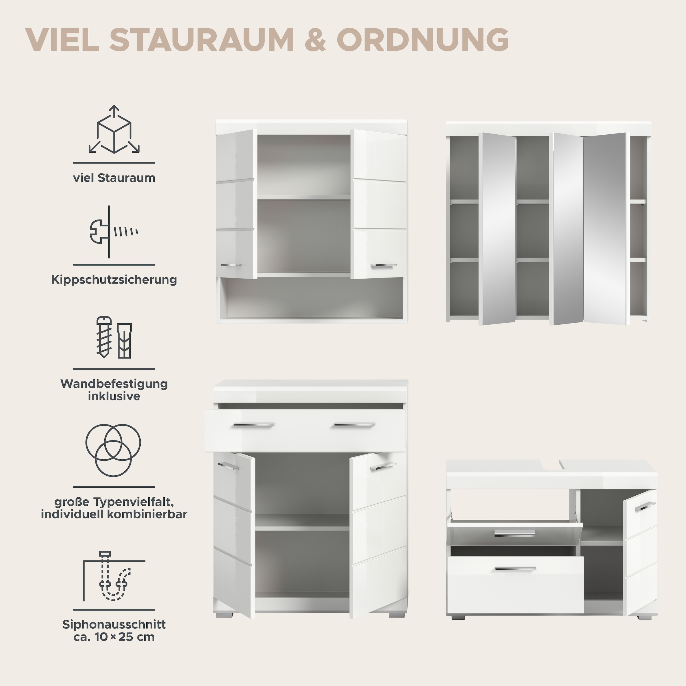 welltime Badmöbel-Set »SIENA, 4-tlg., WBU, Spiegelschrank, Hänge- & Unterschrank, MDF-Front«