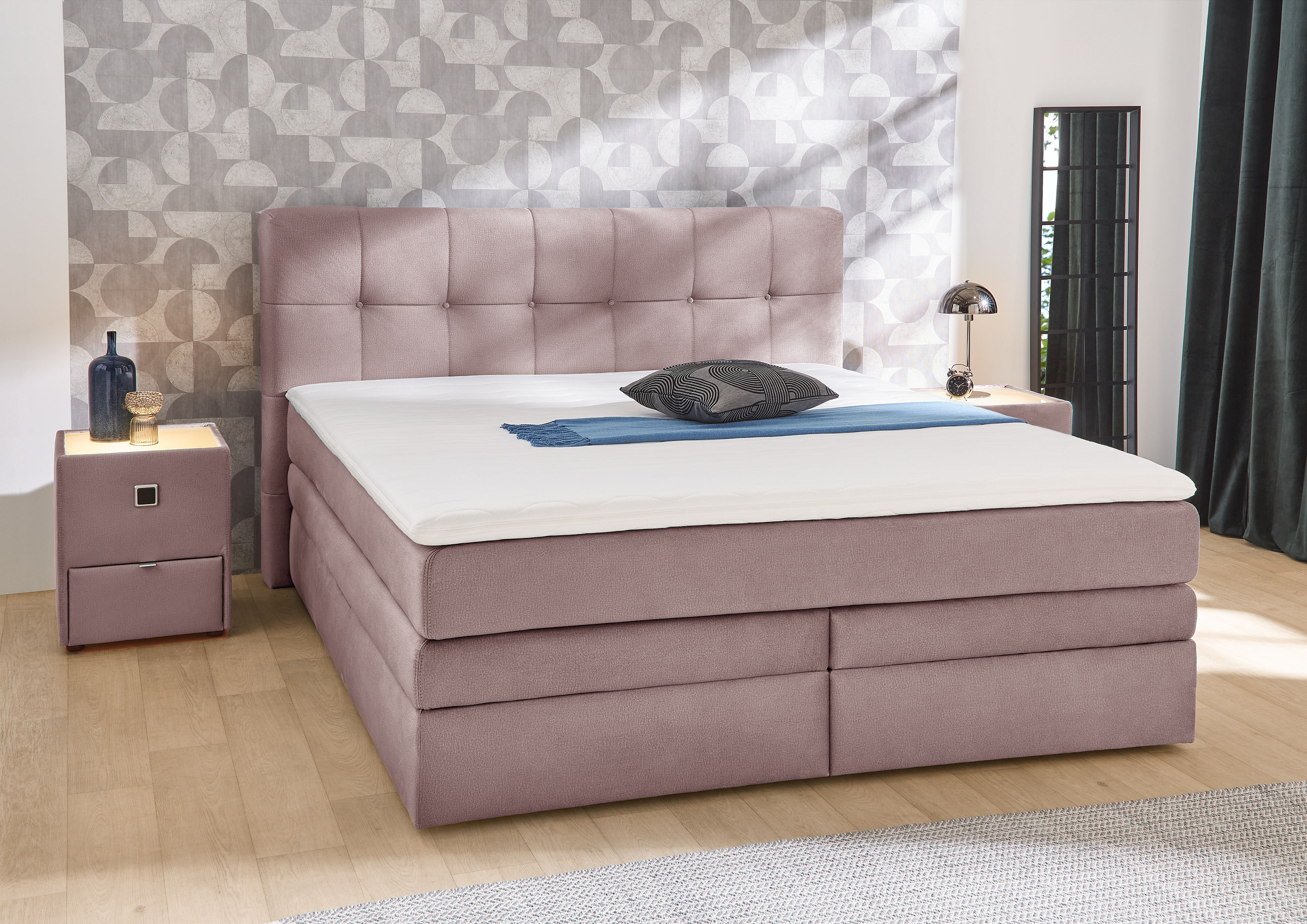 Jockenhöfer Gruppe Boxspringbett "AMY mit Bettkasten, inkl. Taschenfederkernmatratze Härtegrad H3-H4" mit 6 cm Kaltschaum-Topper, Samt-Bezug, 180x200 und 200x200 cm