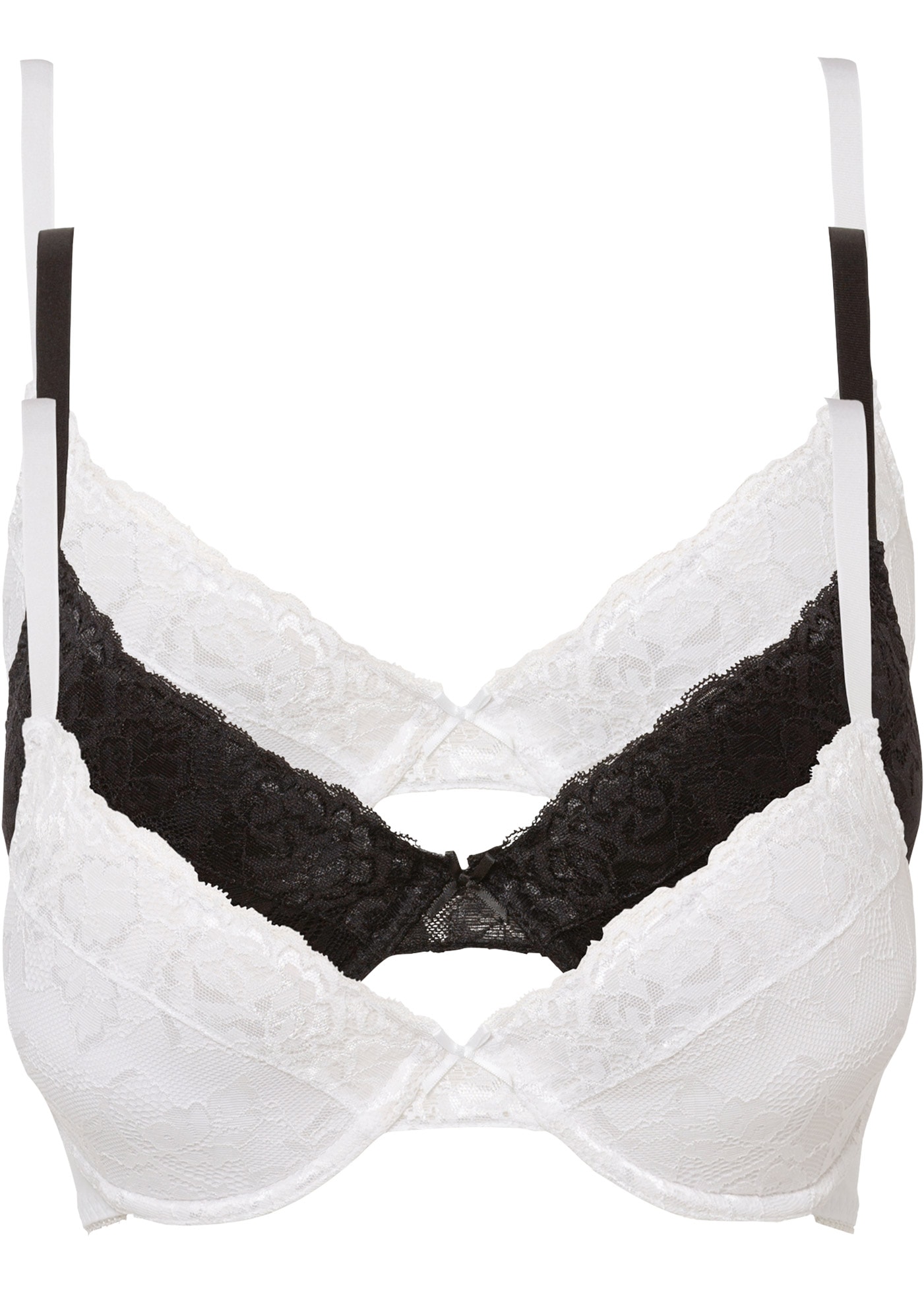 bonprix Push-up-BH »Push-up-BH mit feiner Spitze (3er Pack)« Packung, 3er, 3 leicht wattierte Cups, mit feinem Allover-Spitze, mit Baumwollfutter
