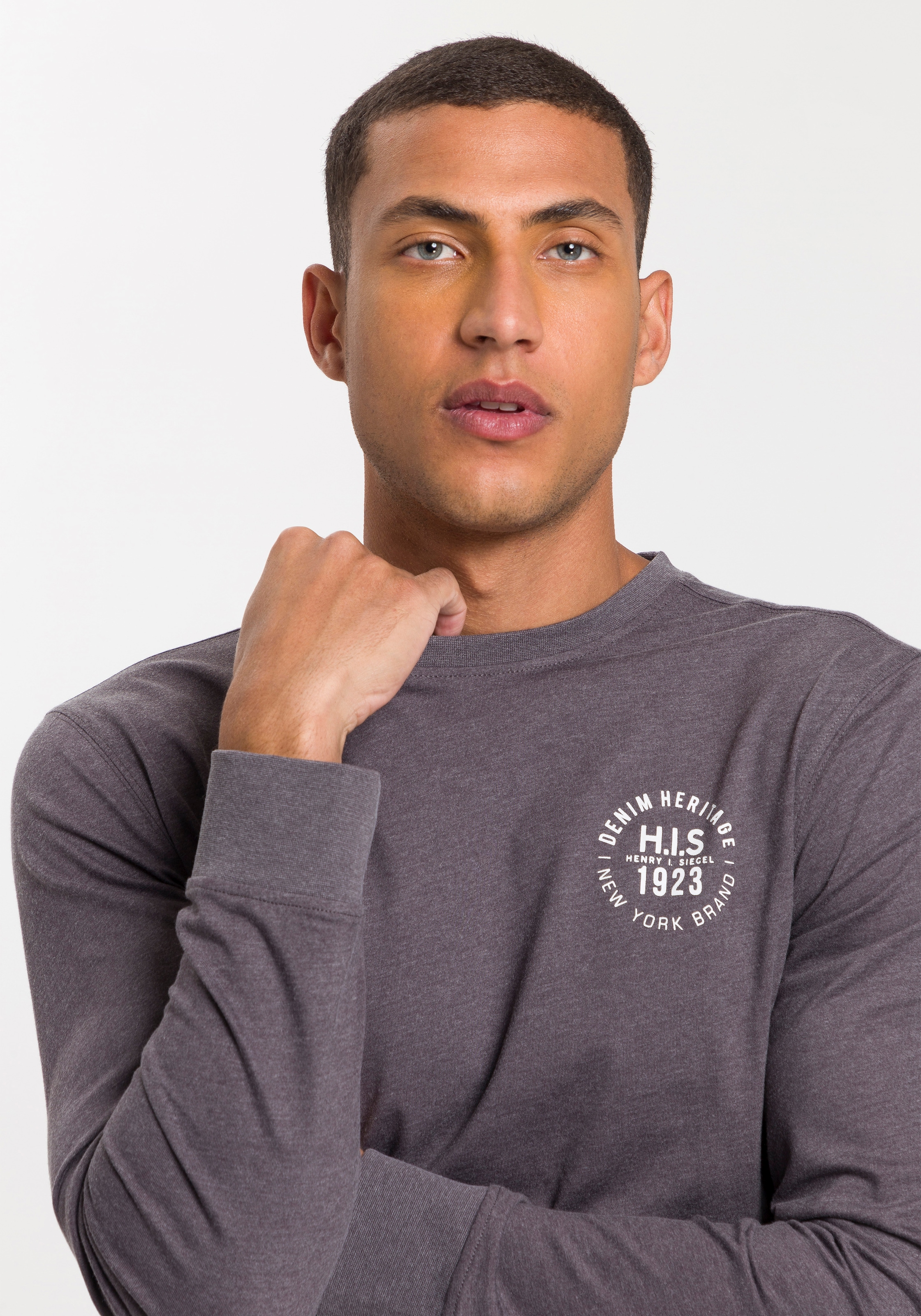 H.I.S Langarmshirt, (Packung, 2 tlg., 2er-Pack), Langarm, bedruckt, Rundhalsausschnitt, aus 100% Baumwolle