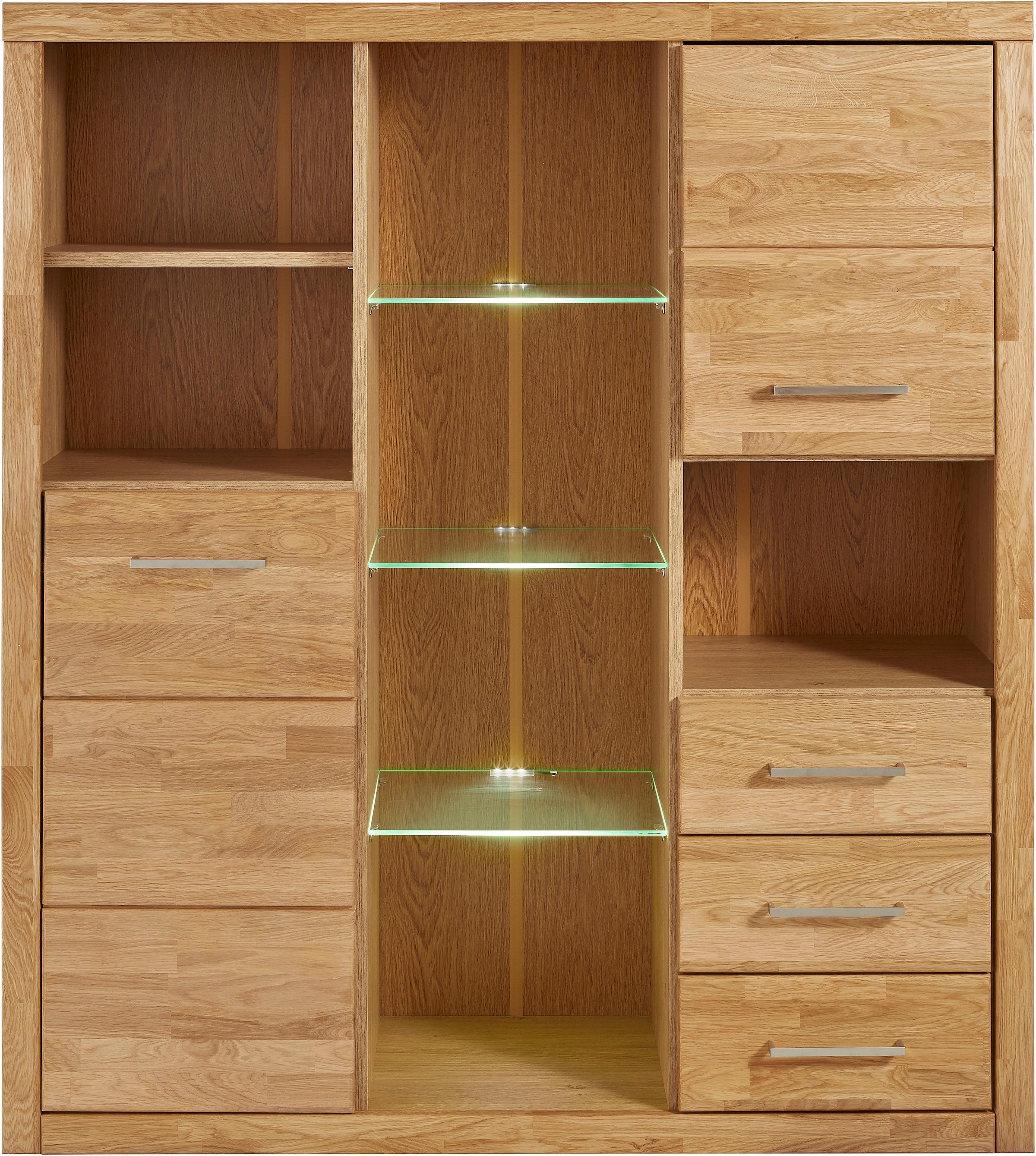 Home affaire Highboard »Ribe,130cm breit145cm hoch,Fronten Massivholz,12 Fächer«, Korpus aus Holzwerkstoff, Metall Griffe,Böden versetzbar