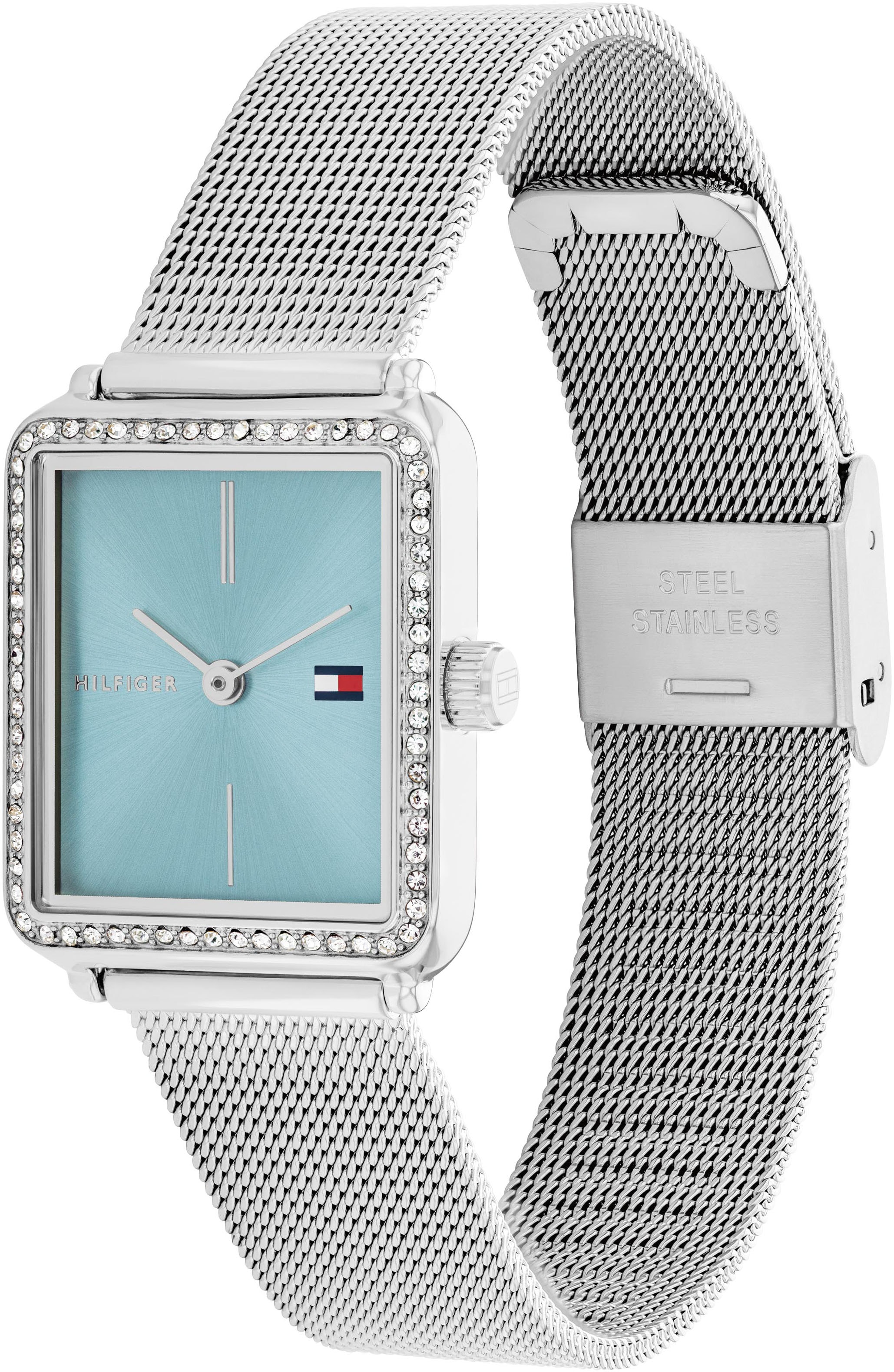 Tommy Hilfiger Quarzuhr »Tea Tank«, Armbanduhr, Damenuhr, Edelstahlarmband, analog, Glassteine