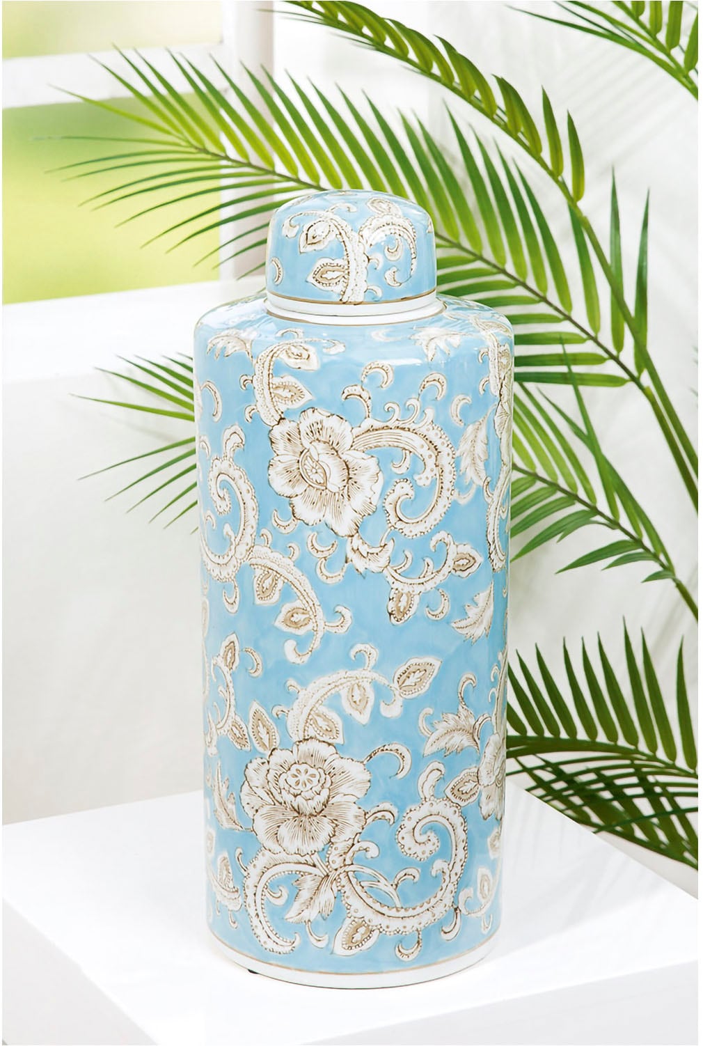 Bodenvase GILDE "Deckelvase "Fayencen" H.44 cm", blau, B:18cm H:44cm T:18cm, Keramik, Vasen