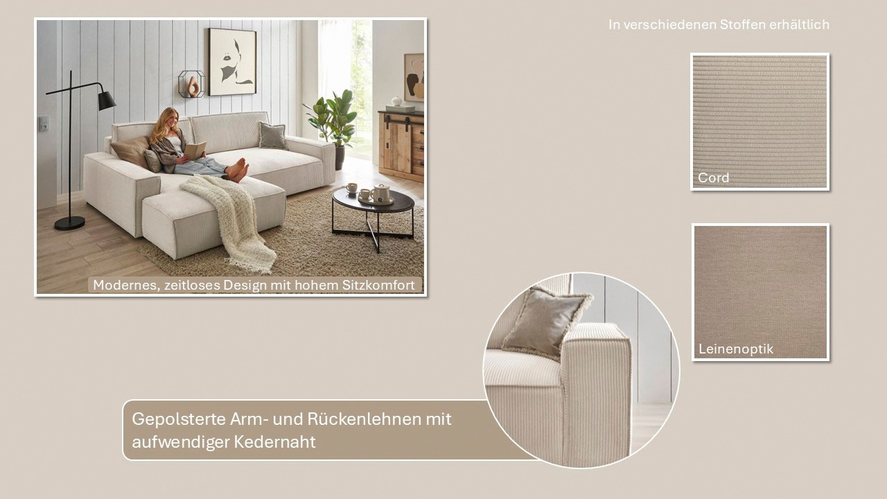Thumbnail - Home affaire Ecksofa "NEU: SHERWOOD XXL 284, Big-Sofa L-Form, tiefe Sitzfläche 95 cm, Cord" Recamiere rechts/links, als ...