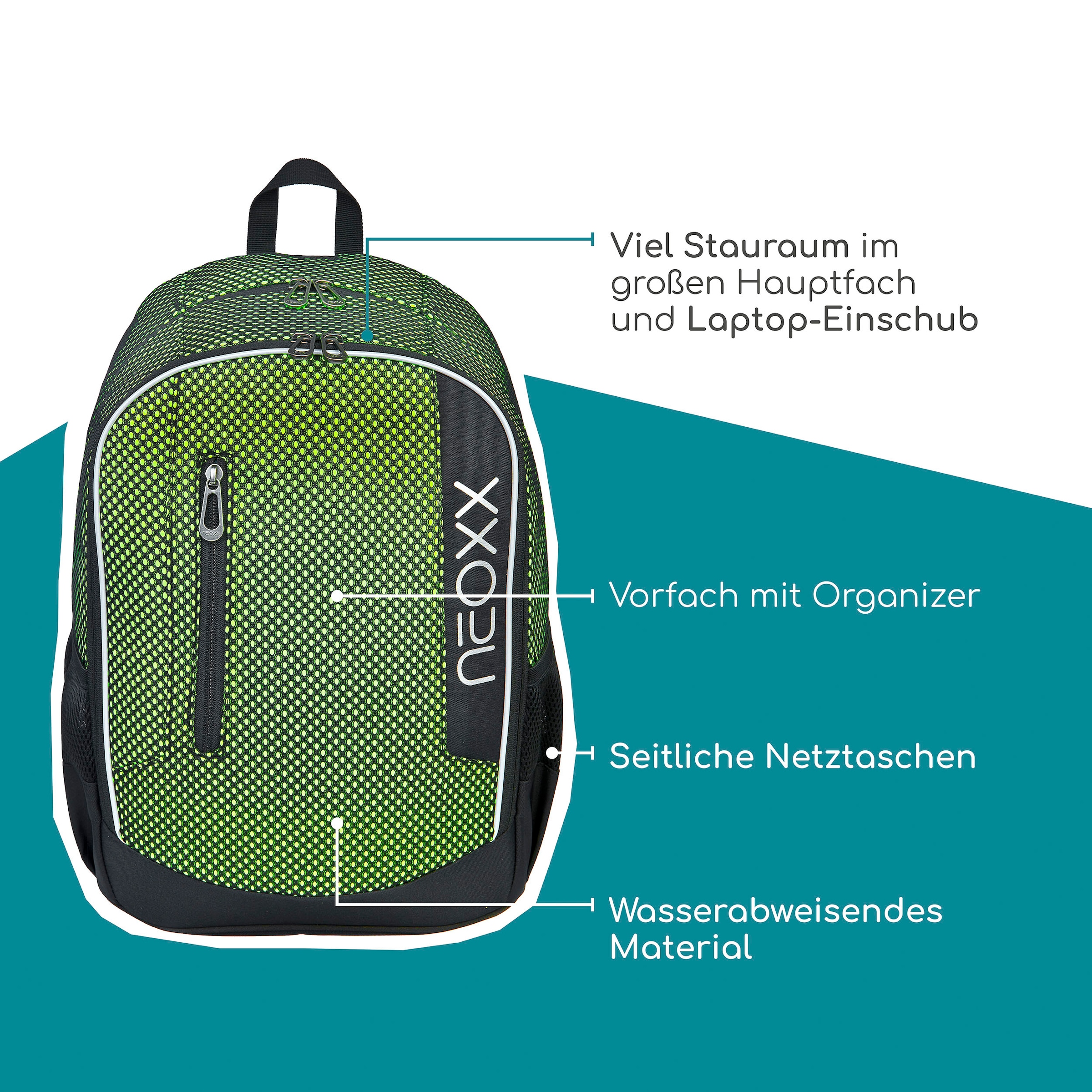 neoxx Schulrucksack »Flow, All about Neon«, teilweise aus recyceltem Material