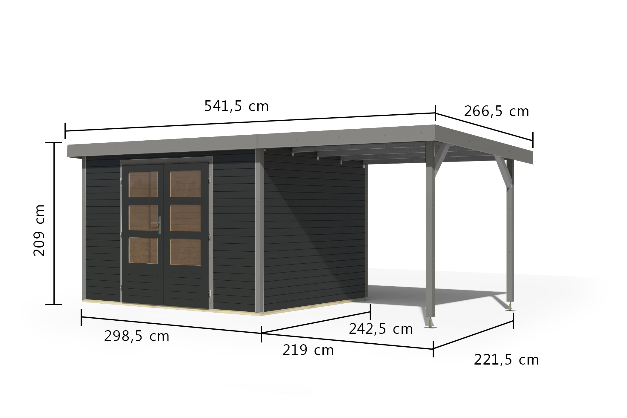 Karibu Gartenhaus »"Jupiter 5 C" SET anthrazit, mit Anbaudach 2,35 m breit«, hochwertige Materialien: nordische Fichte, Stahlecken, Trapezblechdach